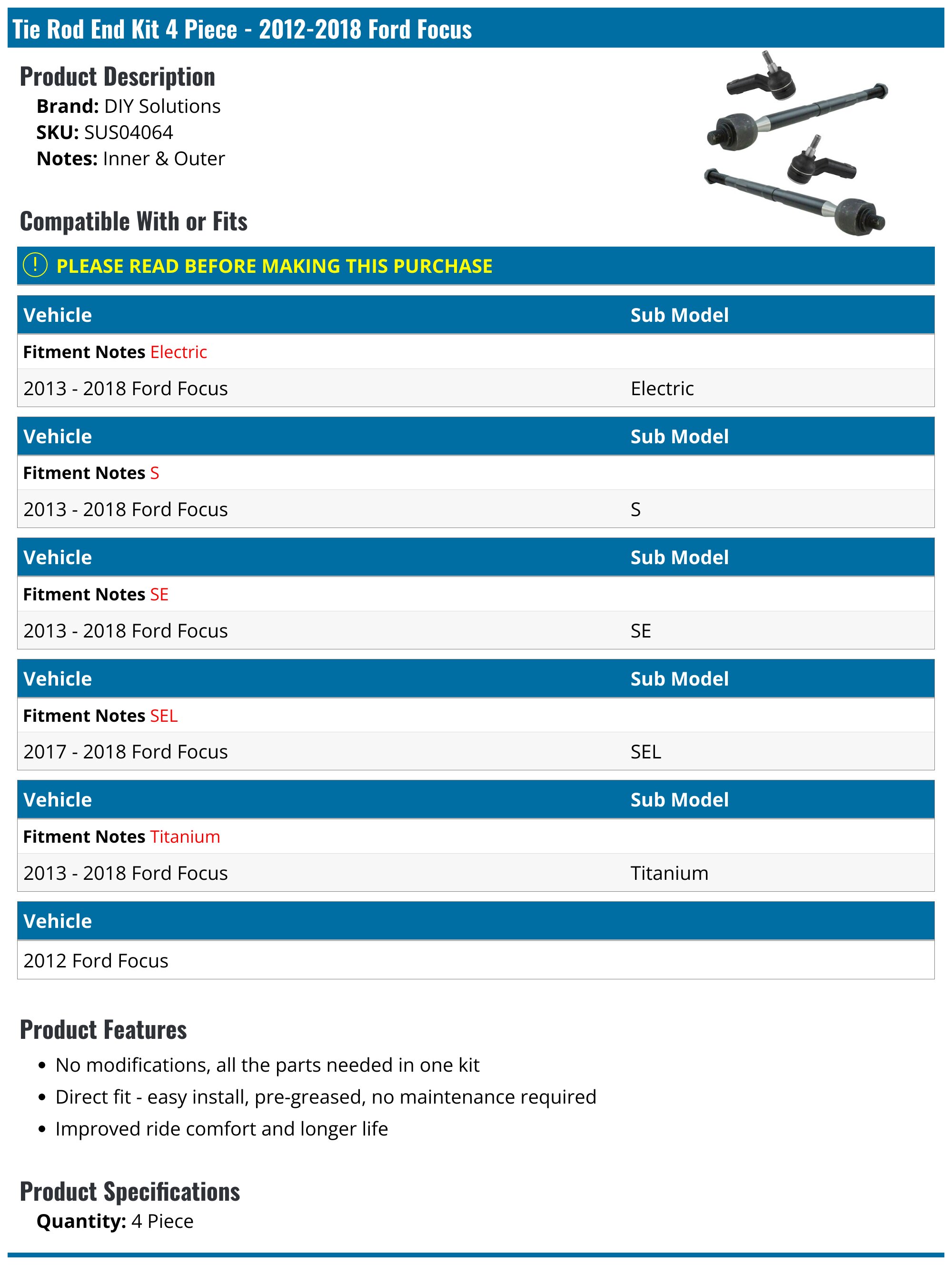 thumbnail interactive-video image 1 of ECCPP 4pc Front Inner & Outer Tie Rod Kit For 2008 Ford Focus – Greasable, 10 Year Warranty 1 of 3