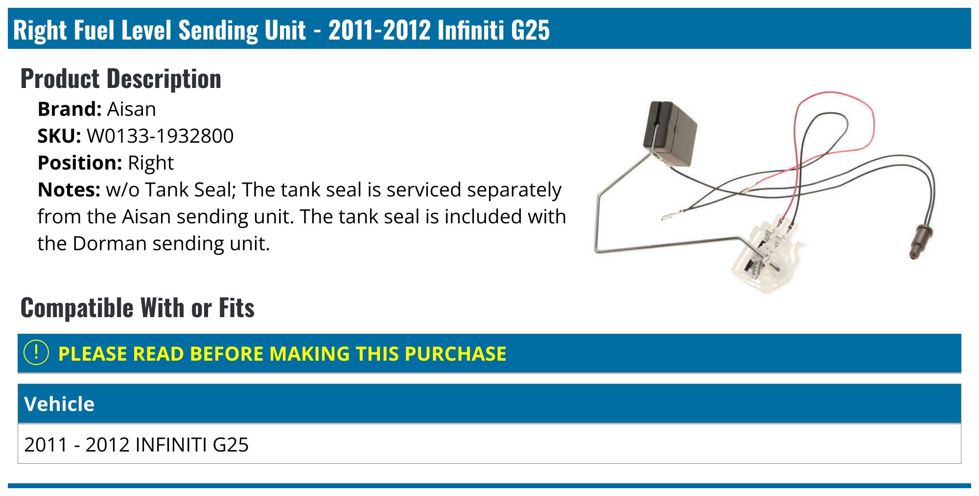 2008-2011 Infiniti EX35 Fuel Tank Sending Unit - Genuine W0133-1932795 - Right
