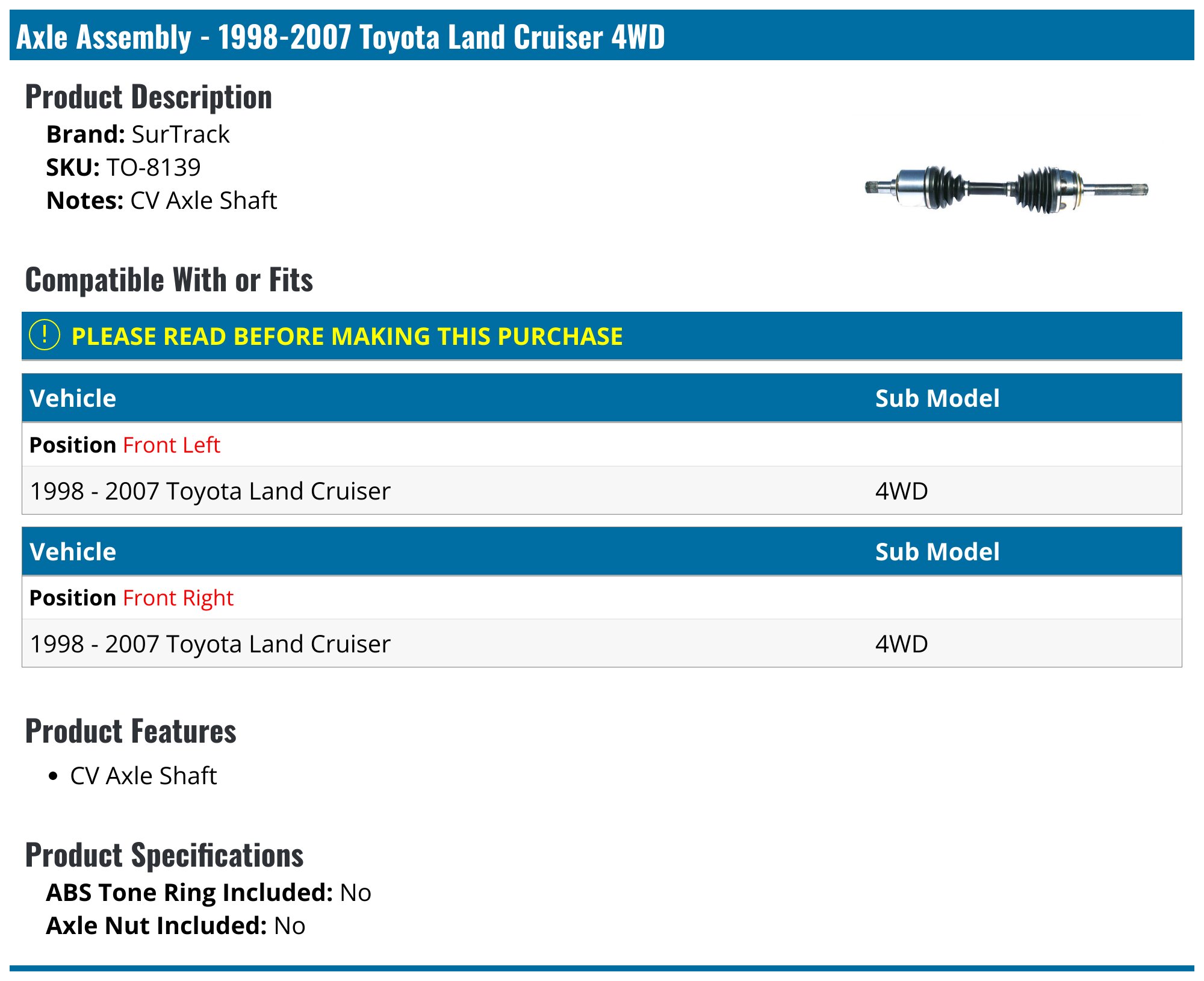 1998-2007 Toyota Land Cruiser Axle Assembly - SurTrack TO-8139