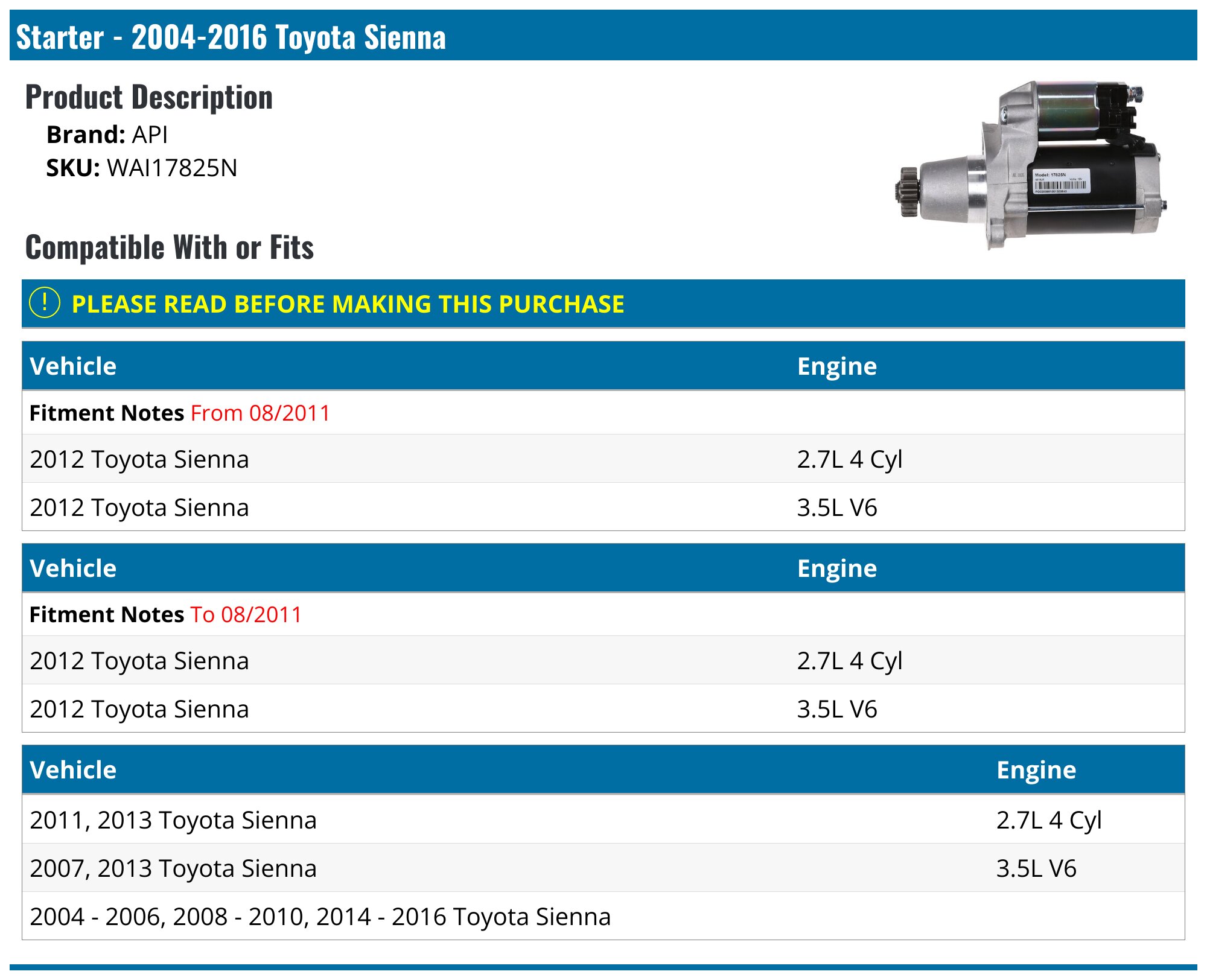 Charging Systems Inc Starter – Toyota Sienna 2003-2009 3.0 3.3 3.5 – 13 Tooth 12V CCW – 28100-0A010