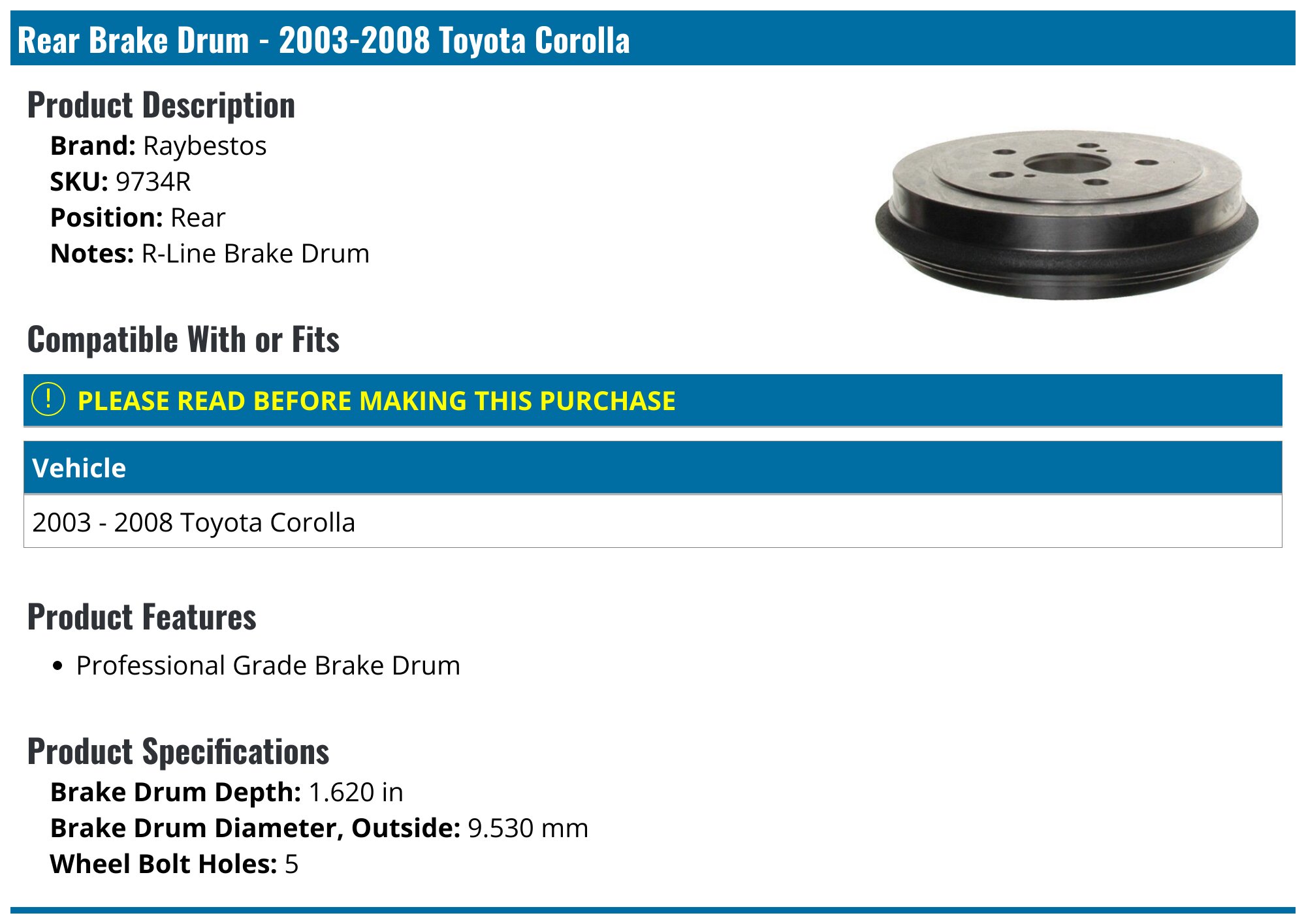 9734r 2003-2008 Toyota Corolla Brake Drum - Raybestos 9734R - Rear ...