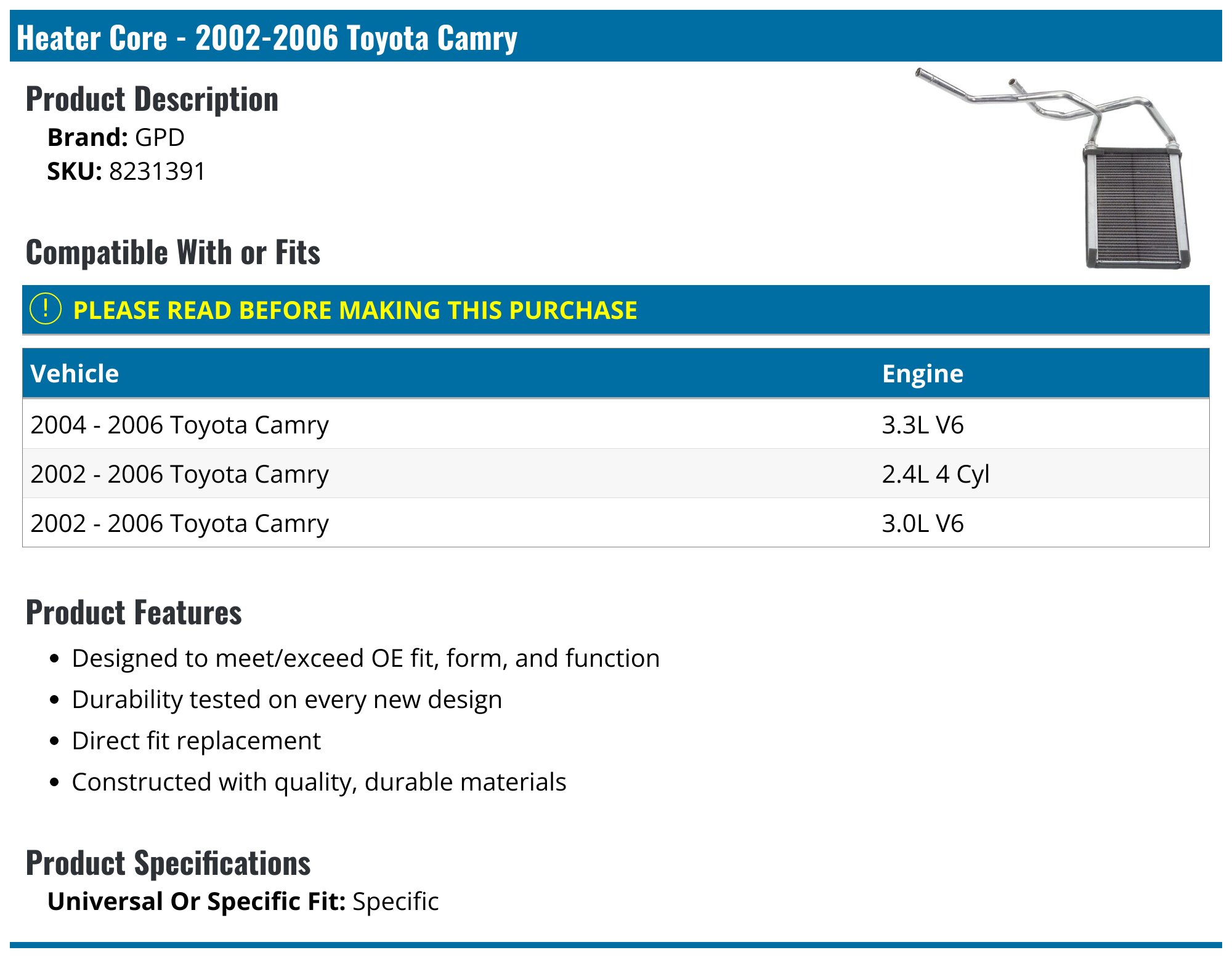 Spectra Premium HVAC Heater Core 99314