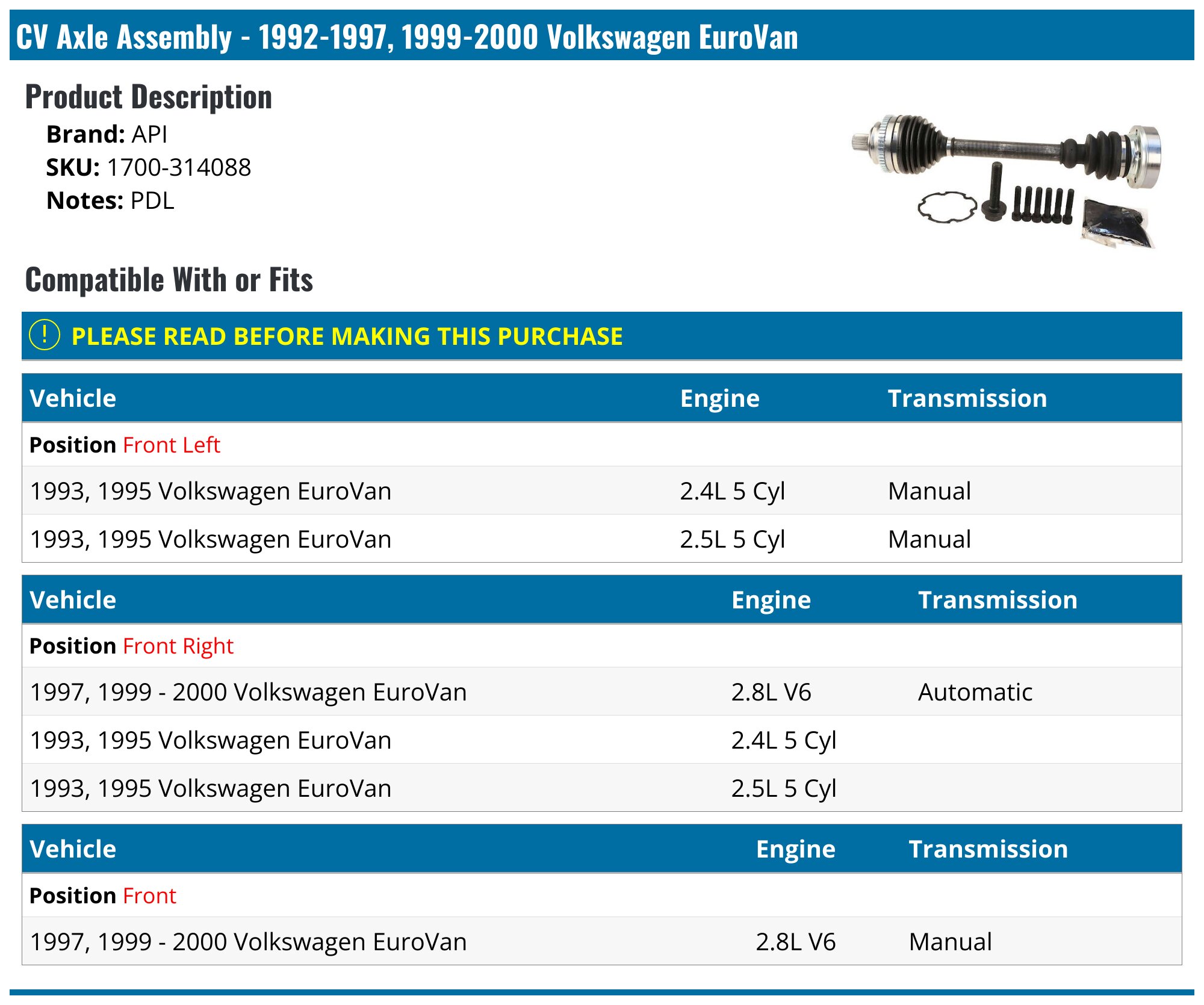 Volkswagen EuroVan Parts