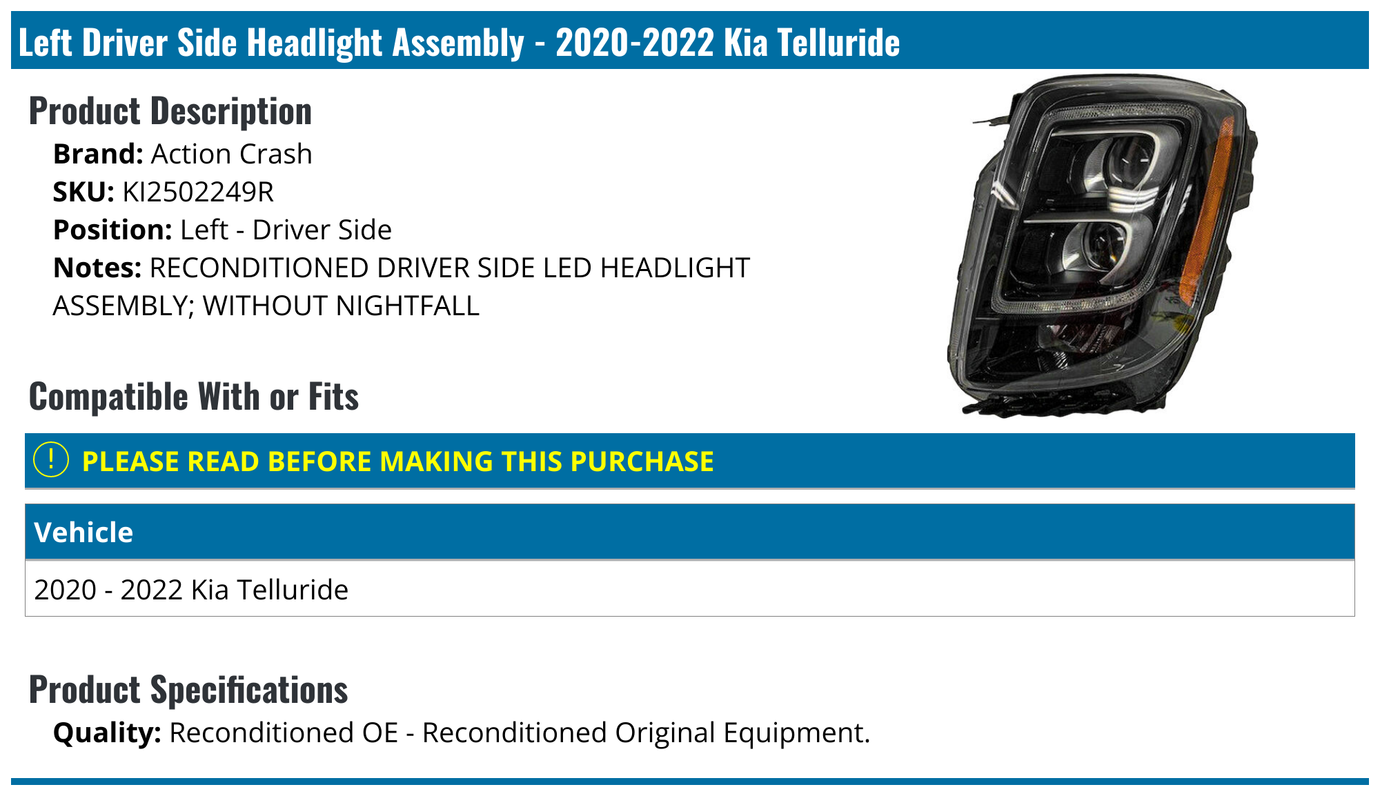 20202021 Kia Telluride Headlight Assembly Action Crash KI2502249R Left Driver Side