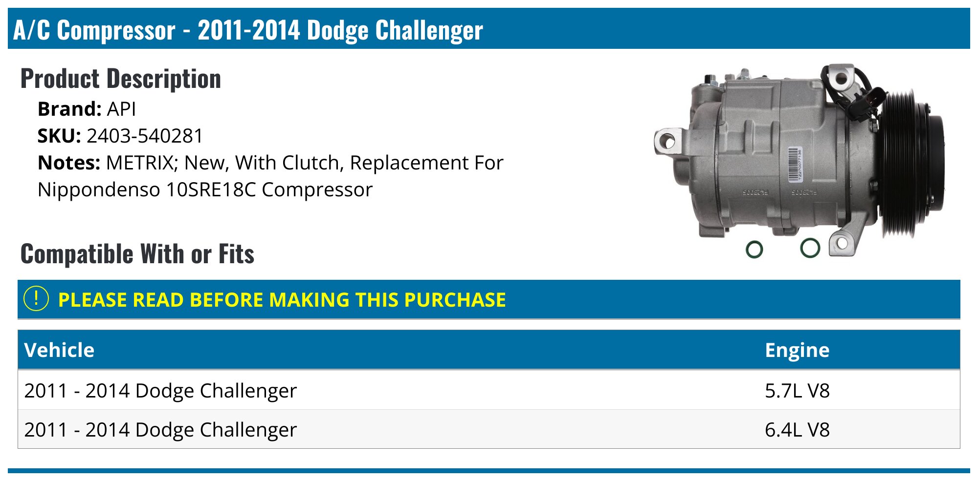 OEM A/C Compressor For 2011-2014 Dodge Challenger V6 - Excellent Used, Tested, 30-Day Warranty