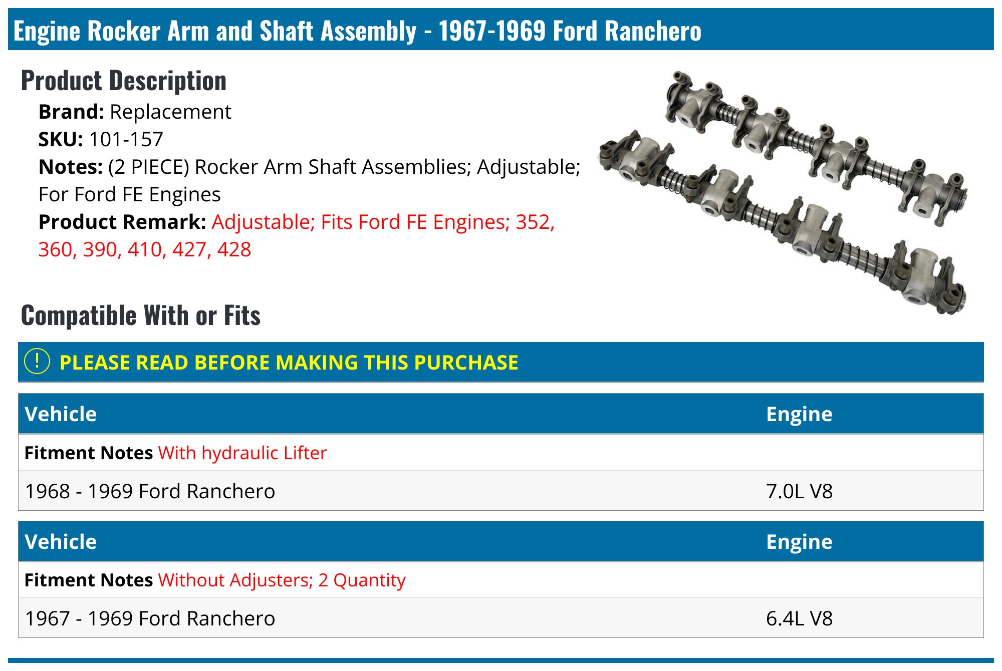1967-1969 Ford Ranchero Engine Rocker Arm and Shaft Assembly ...