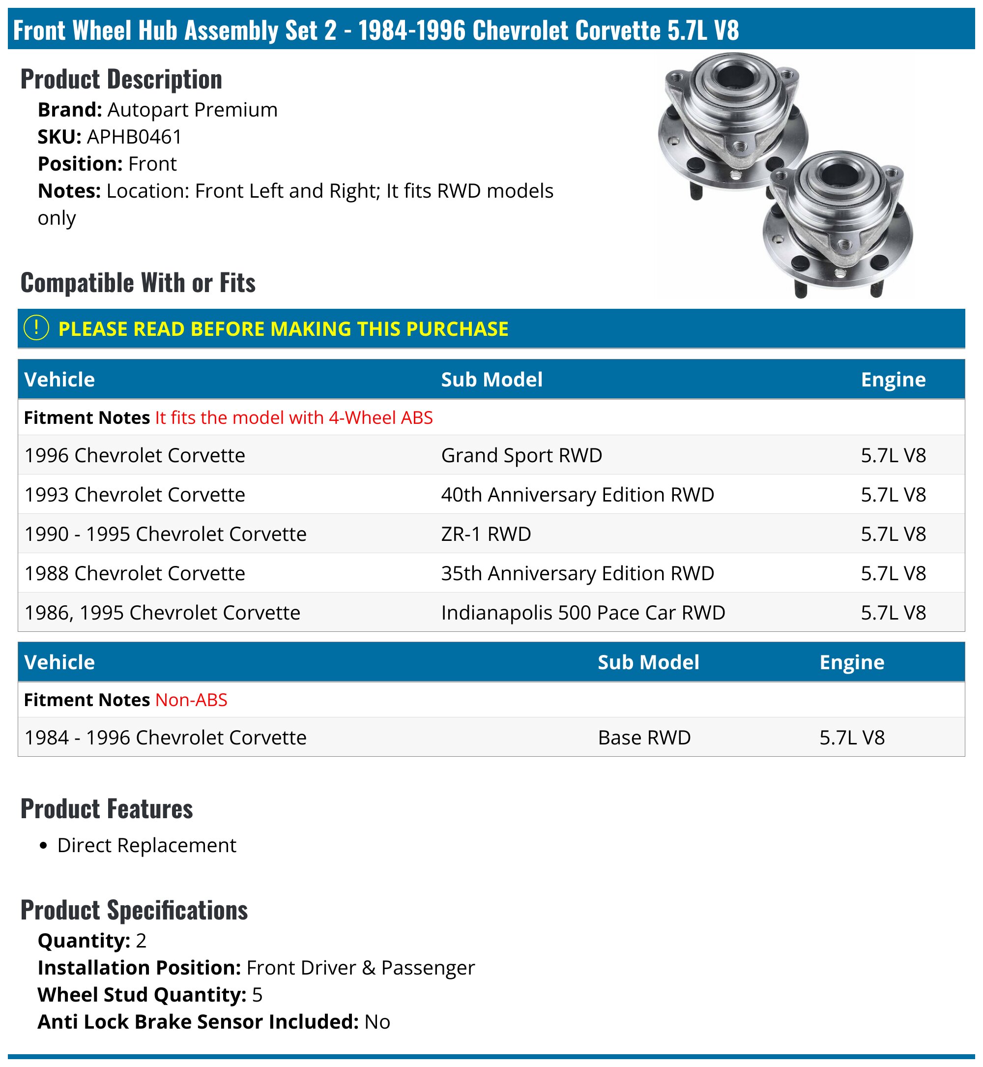 19841996 Chevrolet Corvette Wheel Hub Assembly Autopart Premium