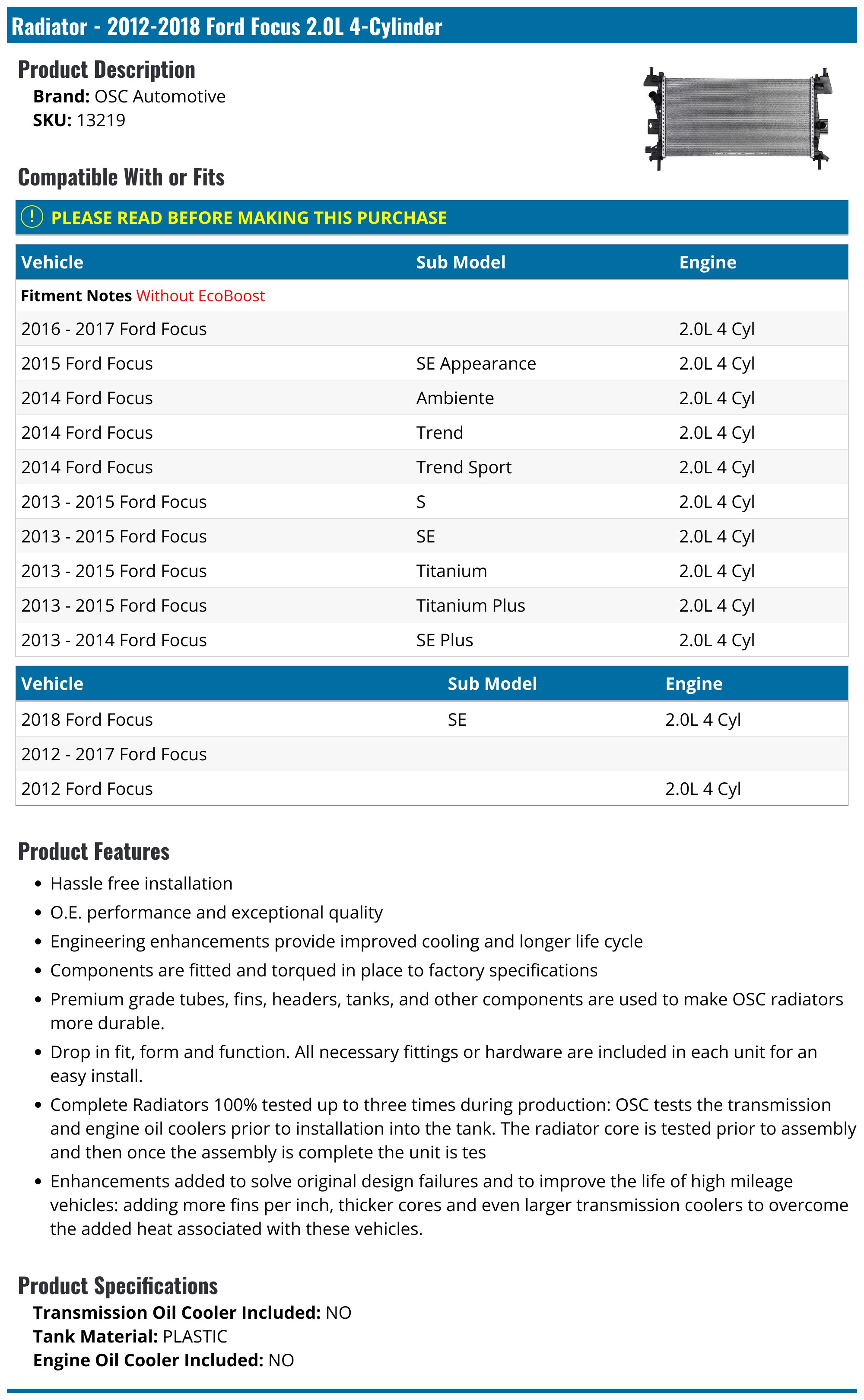 2012-2018 Ford Focus Radiator - OSC Automotive 13219 - PartsGeek.com