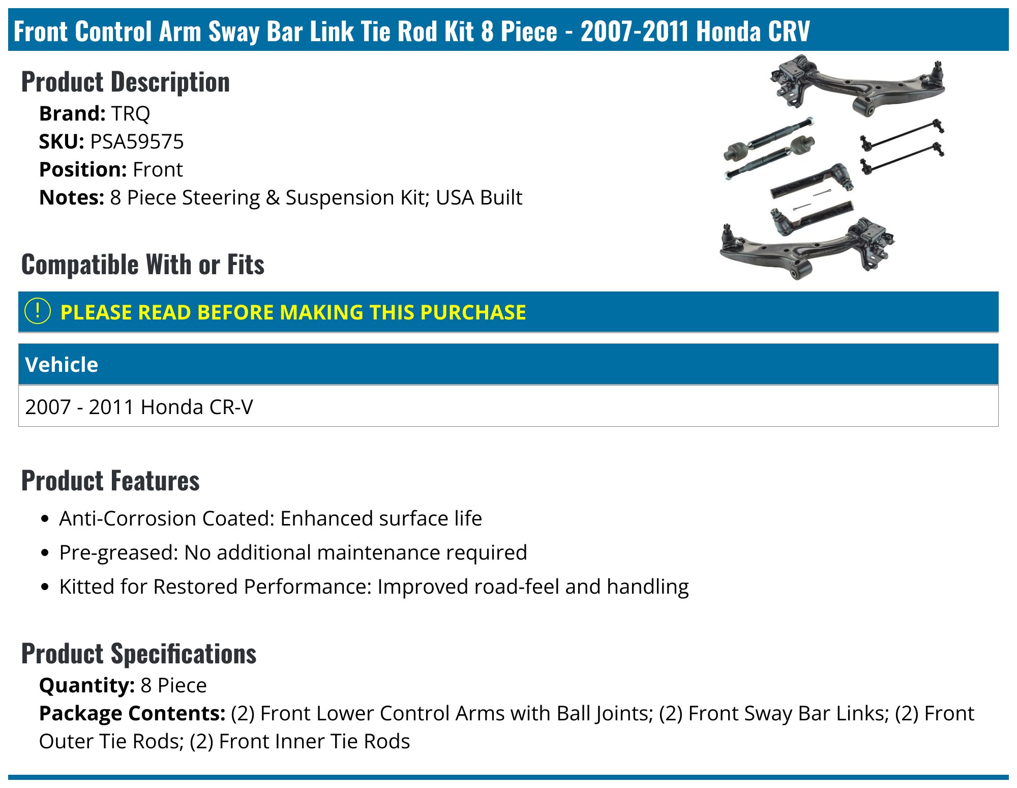 For 2007-2011 Honda CR-V Both 8 Front Rear Suspension Sway Bar Tie Rod Kit