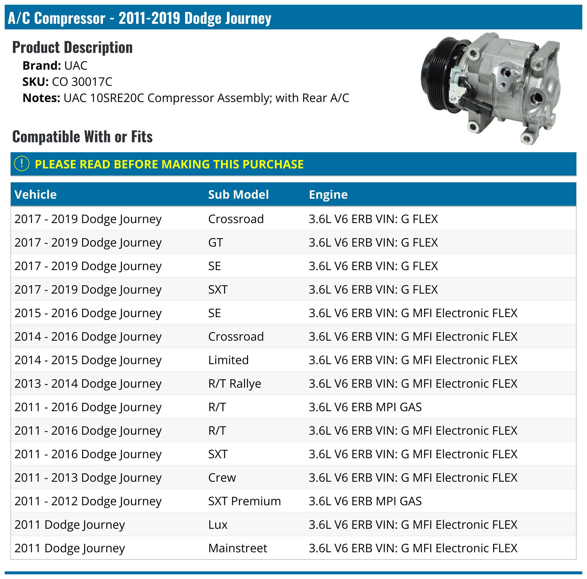 AC Compressor For Chrysler 200, Town & Country, Dodge Avenger & More – 3.6L Replacement With Clutch Assembly