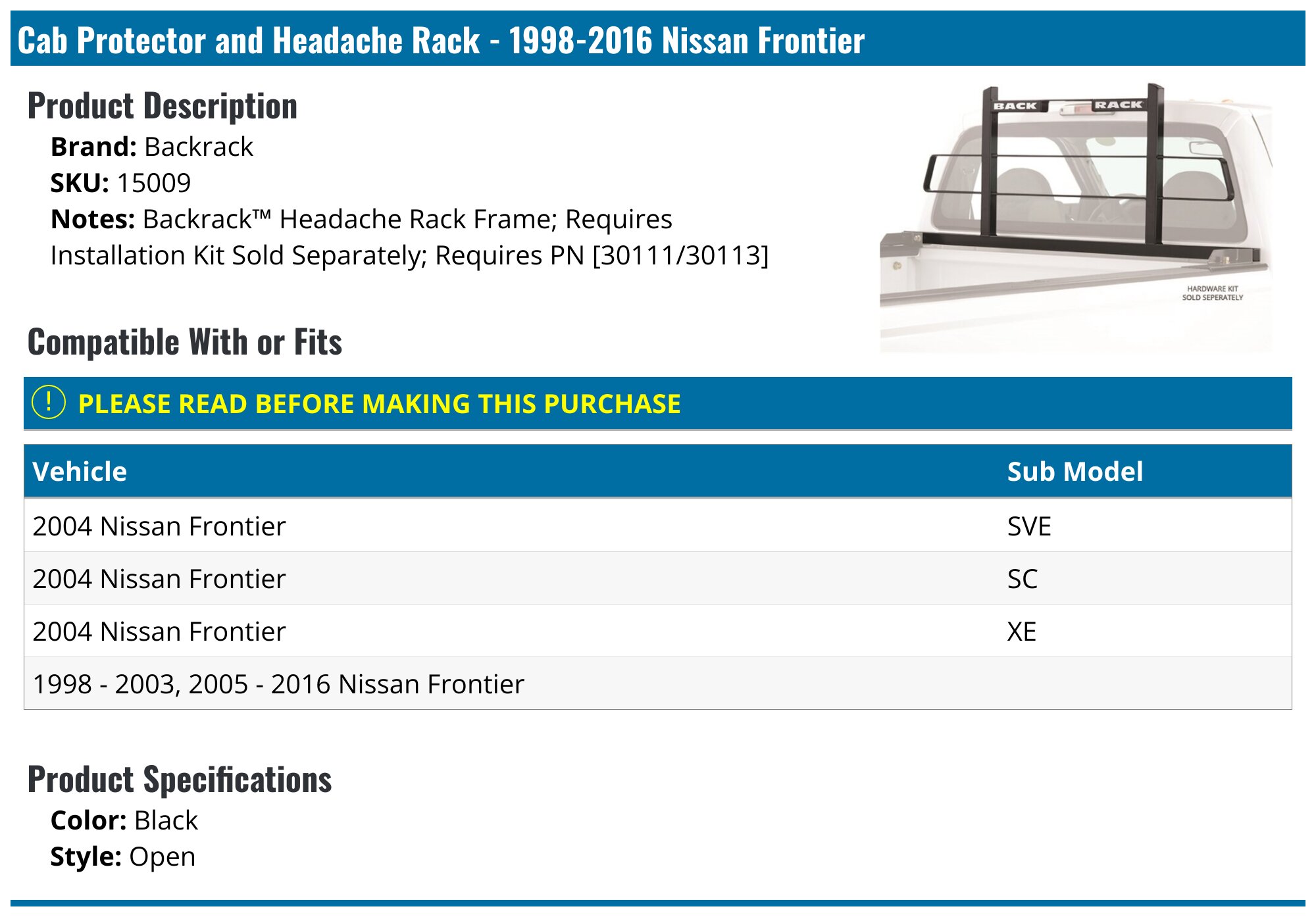 1998-2016 Nissan Frontier Cab Protector and Headache Rack - Backrack ...