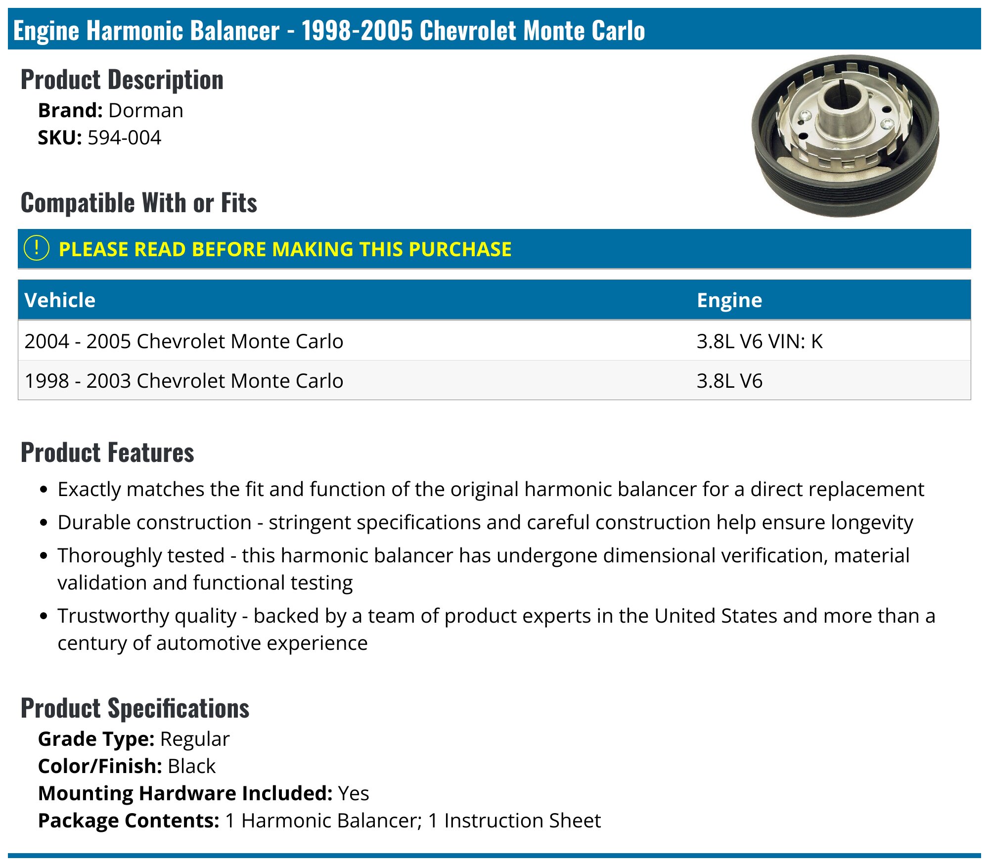 19982005 Chevrolet Monte Carlo Engine Harmonic Balancer Dorman 594