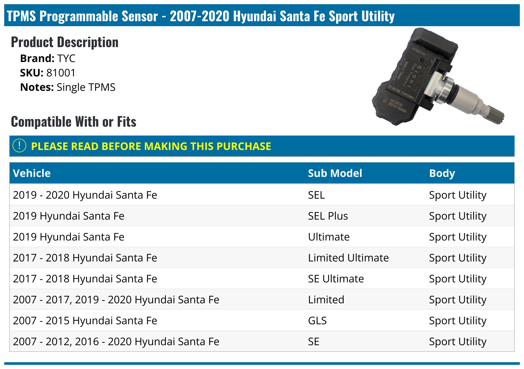 4x 315 MHz TPMS Sensors For Hyundai Santa Fe 08-12 & Kia - Replacement 529332G200