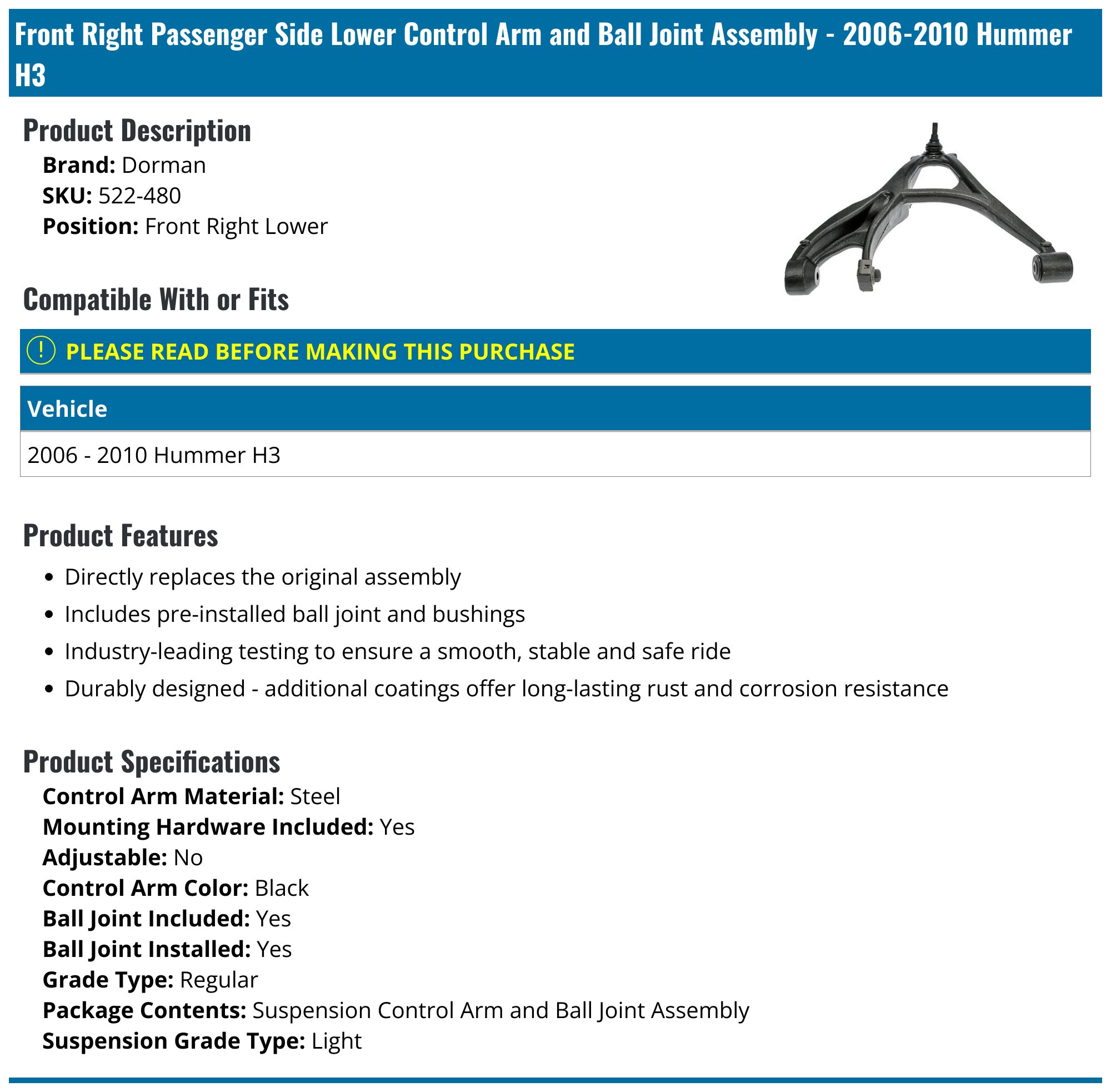 Dorman 522-480 Suspension Control Arm And Ball Joint Assembly