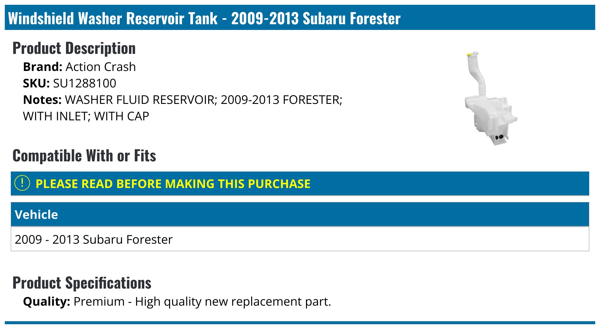 Windshield Washer Reservoir For 2009-2013 Subaru Forester – Includes Pump, Cap, Filler & Inlet (OEM# 86631SC000)