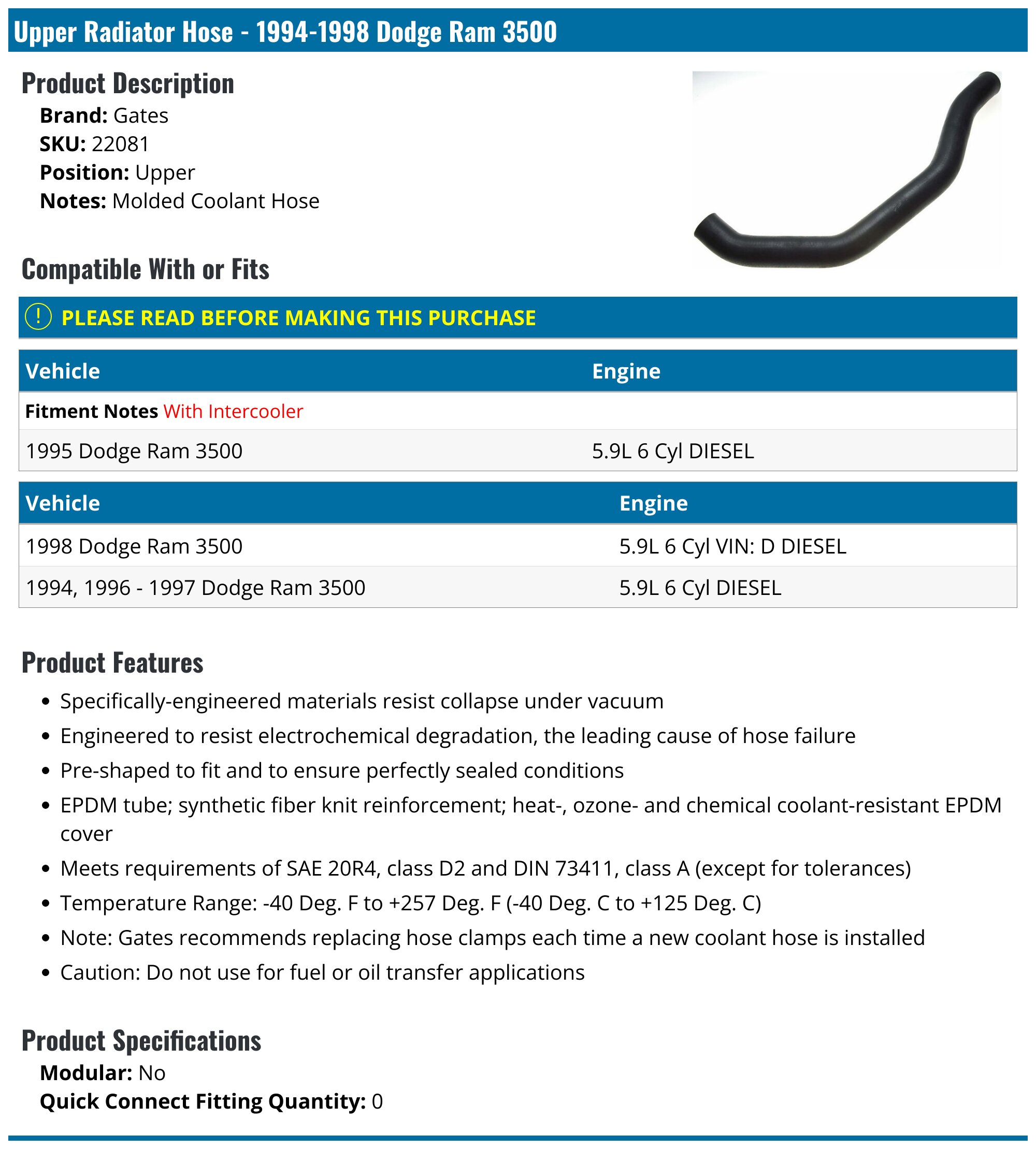 Kit Bypass De Liquide De Refroidissement Pour Dodge Ram 2500/3500 5.9L 1994-1998 - Neuf, Garantie à Vie