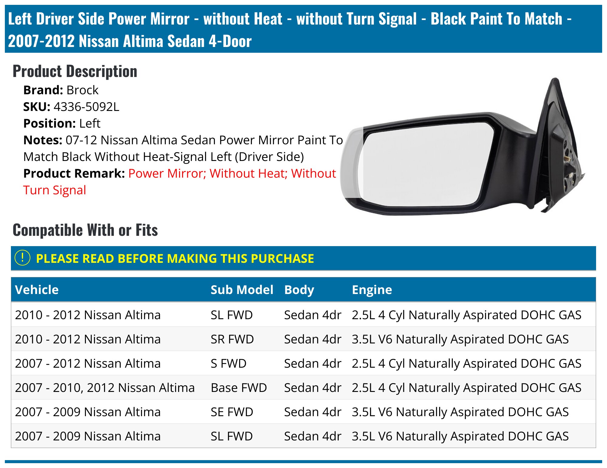 Turn Signal Mirror Power Heated Side Mirror With Turn Signal – Compatible With Nissan Altima 2007-2012, Driver Left Driver Side Mirror Replacement