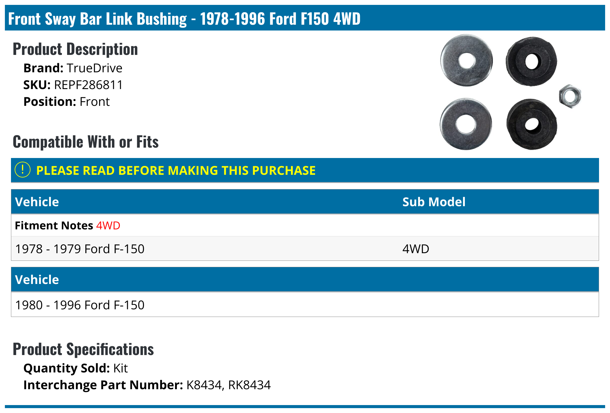 19781996 Ford F150 Sway Bar Bushing TrueDrive REPF286811 Front