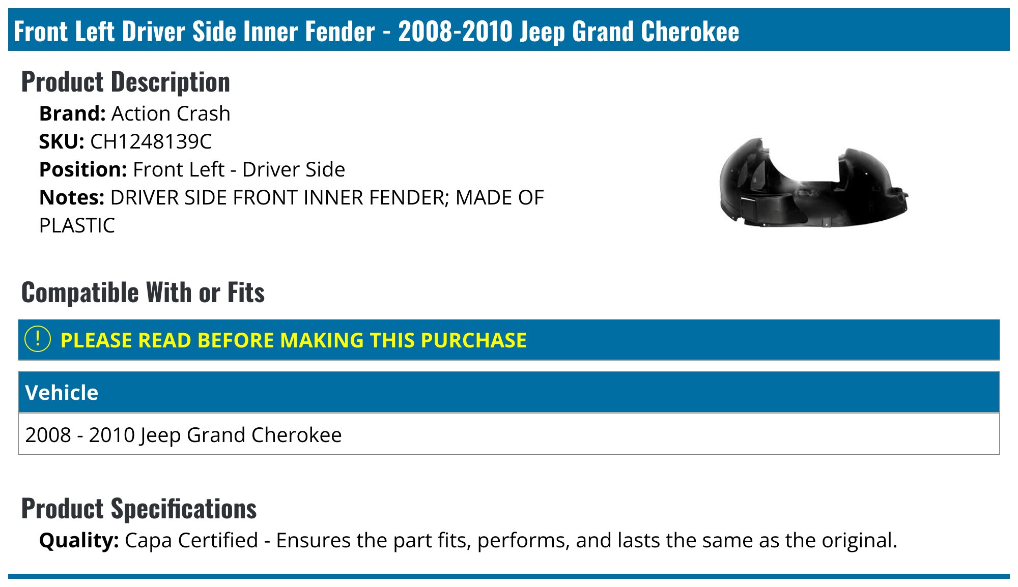 Front Left Inner Fender Splash Shield – Fits 2008–2010 Jeep Grand Cherokee – LKQ, Lifetime Warranty, Direct Fit