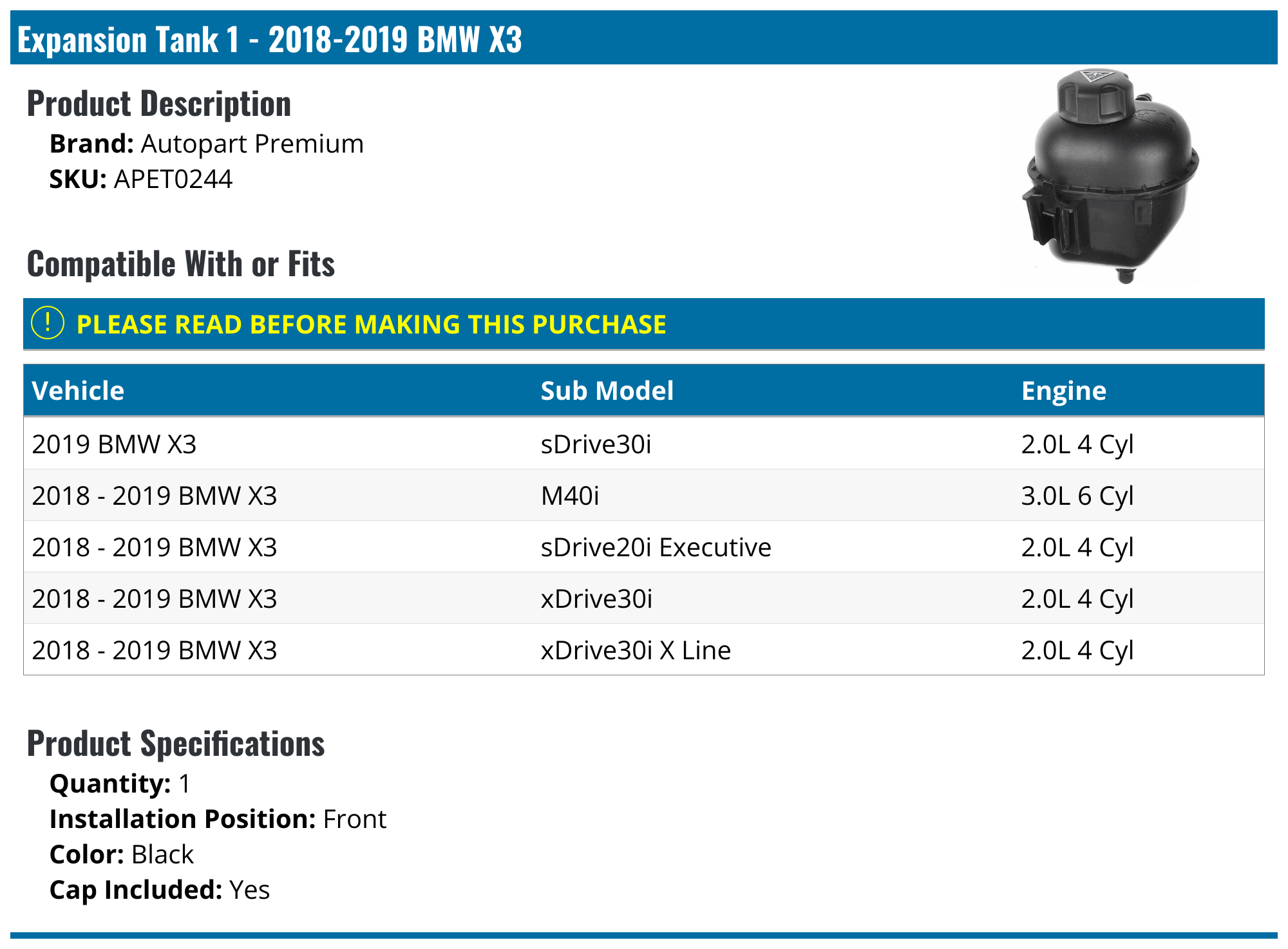 20182019 BMW X3 Expansion Tank Autopart Premium APET0244