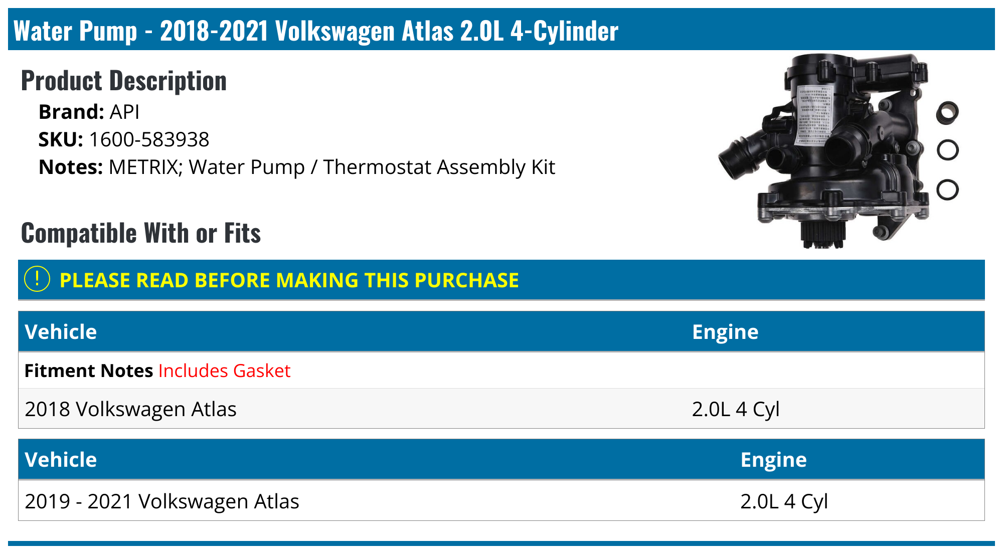 20182022 Volkswagen Atlas Water Pump API 14358602033388