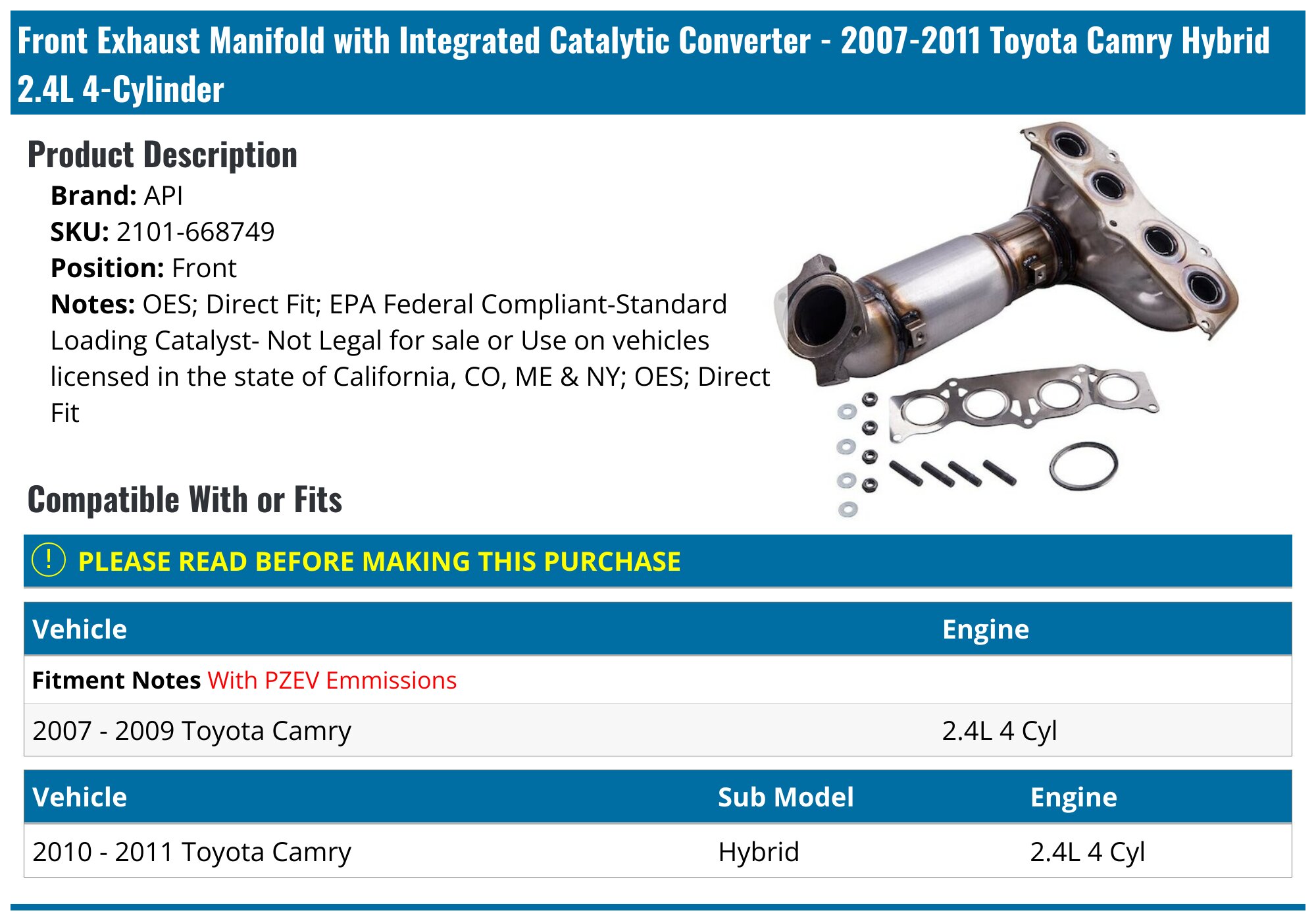Direct Fit Catalytic Converter For Lexus ES300 & Toyota Camry 2007-2017 3.5L – EPA Compliant, Stainless Steel