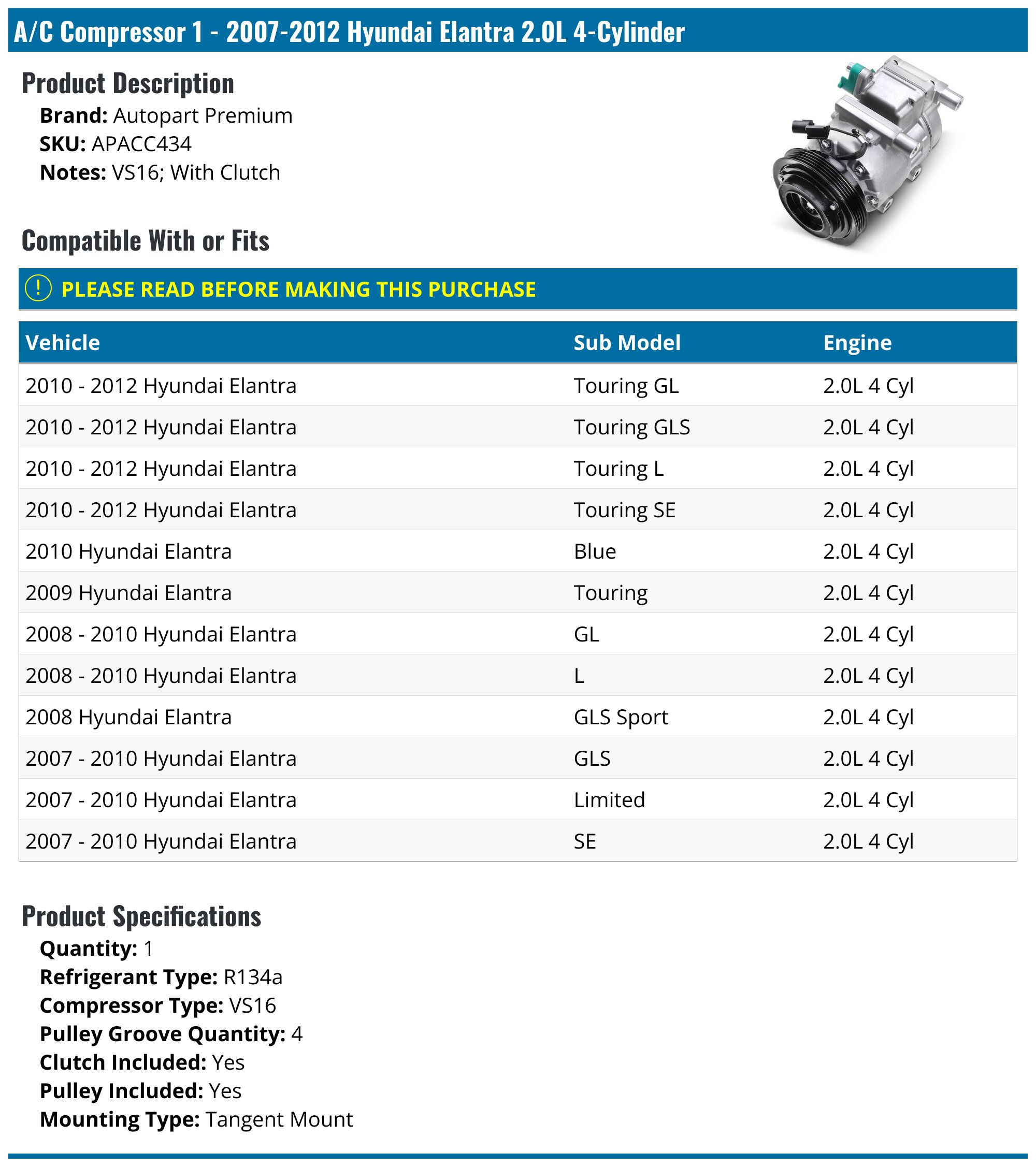 A/C Compressor Clutch Kit For 2007-2012 Hyundai Elantra 2.0L – Includes Plate, Pulley, Bearing, Coil – Fixes AC Engagement Issues