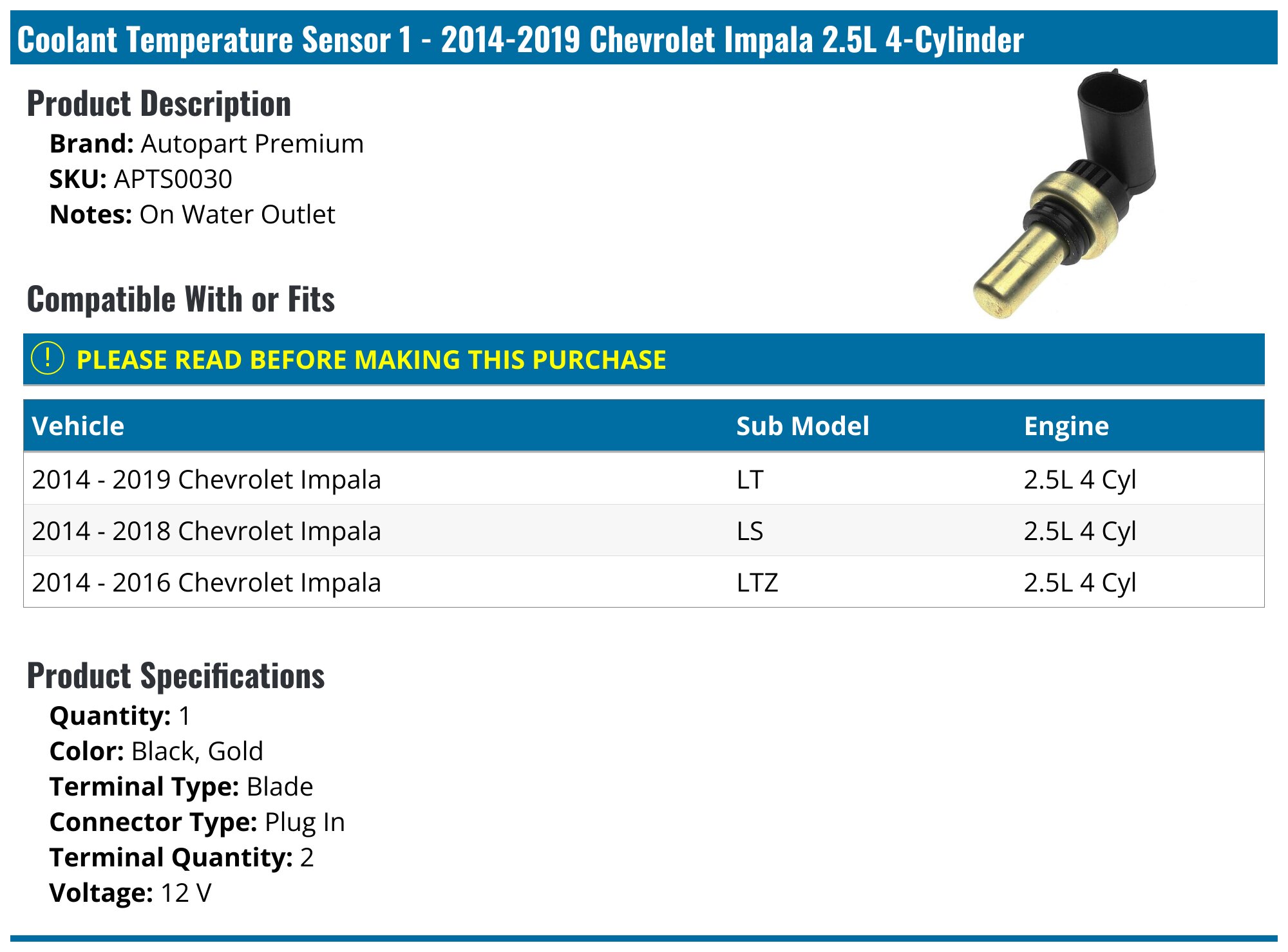 2014-2019 Chevrolet Impala Engine Coolant Temperature Sensor - Autopart ...