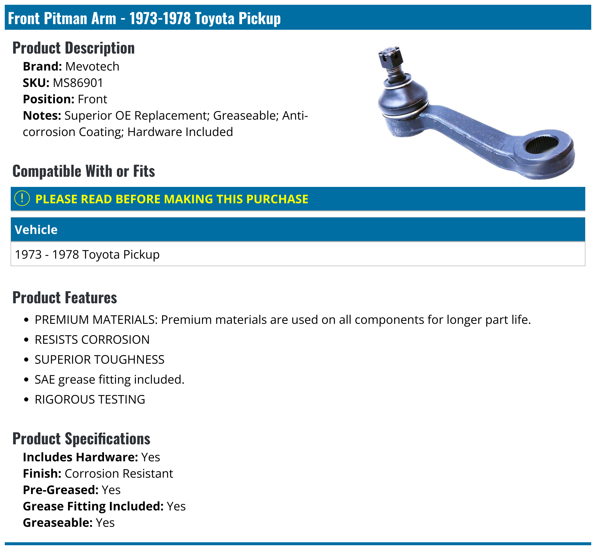 19731978 Toyota Pickup Pitman Arm Mevotech MS86901 Front