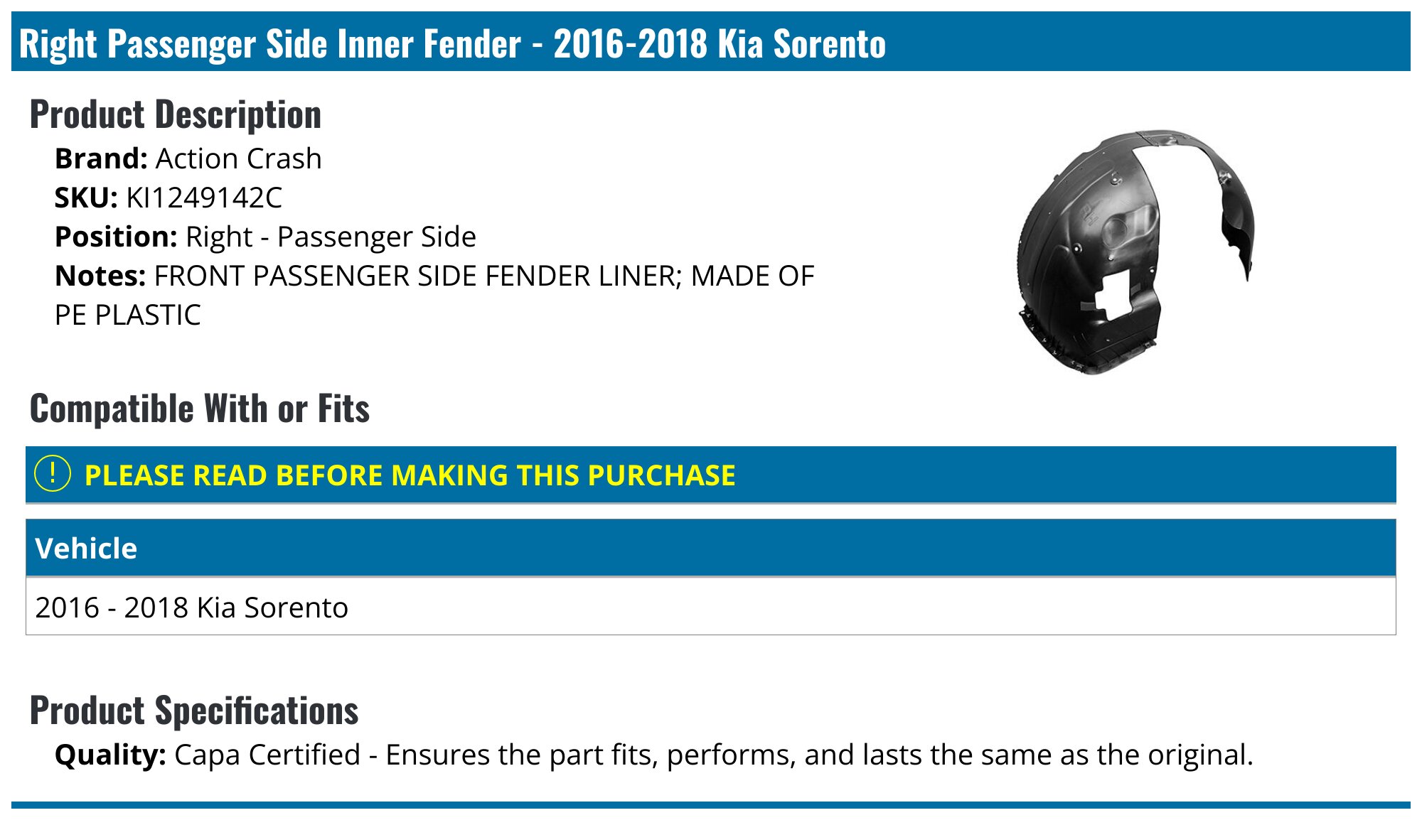Front Left Drver Sde Fender Lner For 2019-2022 Ka Forte K1248159 Front Left Drver Sde Fender Lner For 2019-2022 Ka Forte K1248159