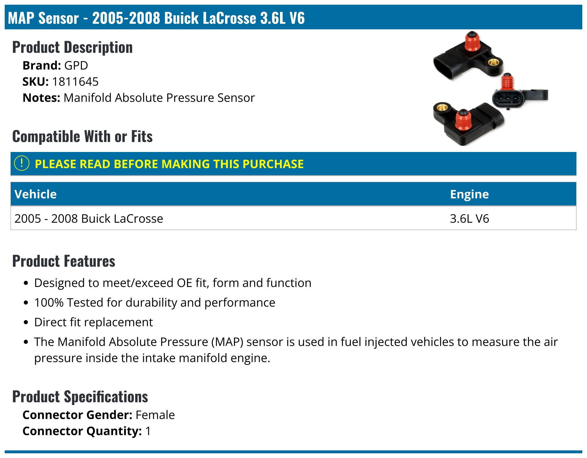 reference sensor - compatible with 2010 - 2016 buick... 2005-2008 Buick LaCrosse MAP Sensor - GPD 1811645 - PartsGeek.com