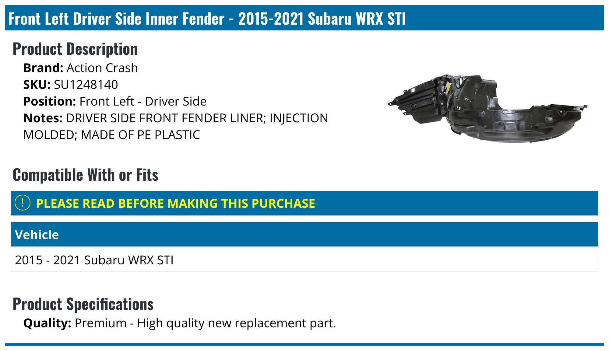 Front Left Inner Fender Liner For 2015-2021 Subaru WRX - Black SU1248140