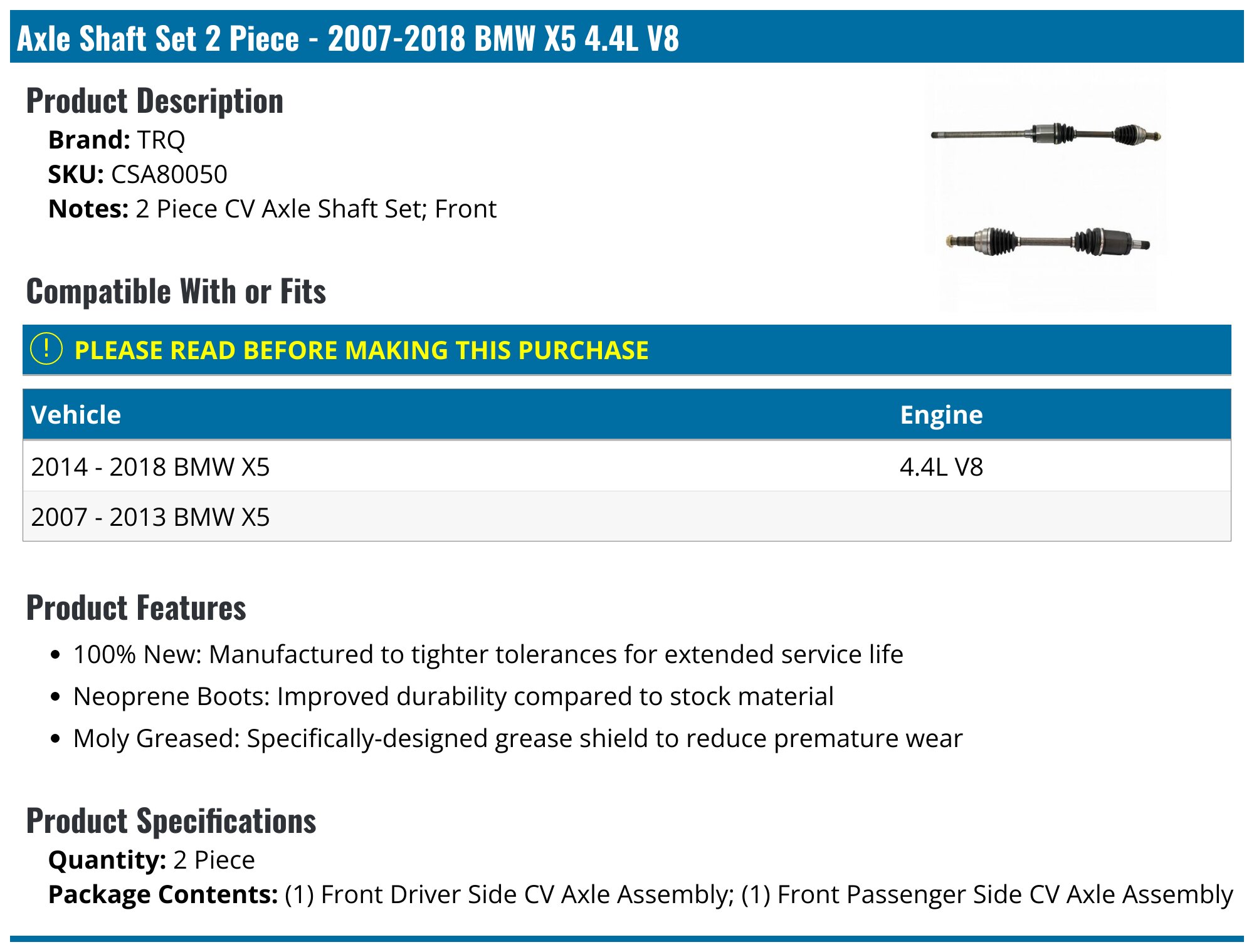X585 Rockshaft Assembly 2007-2018 BMW X5 Axle Assembly - TRQ CSA80050 - Front - PartsGeek.com