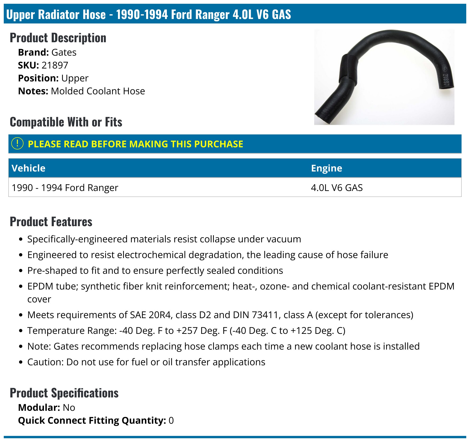 Radiator 3-Piece Kit For 1985-1994 Ford Ranger, Includes Coolant Replacement Part P 995983
