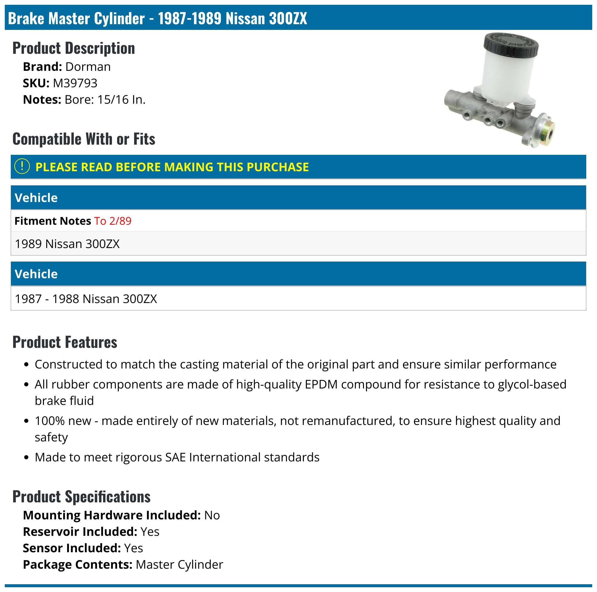 1987-1989 Nissan 300ZX Brake Master Cylinder - Dorman M39793