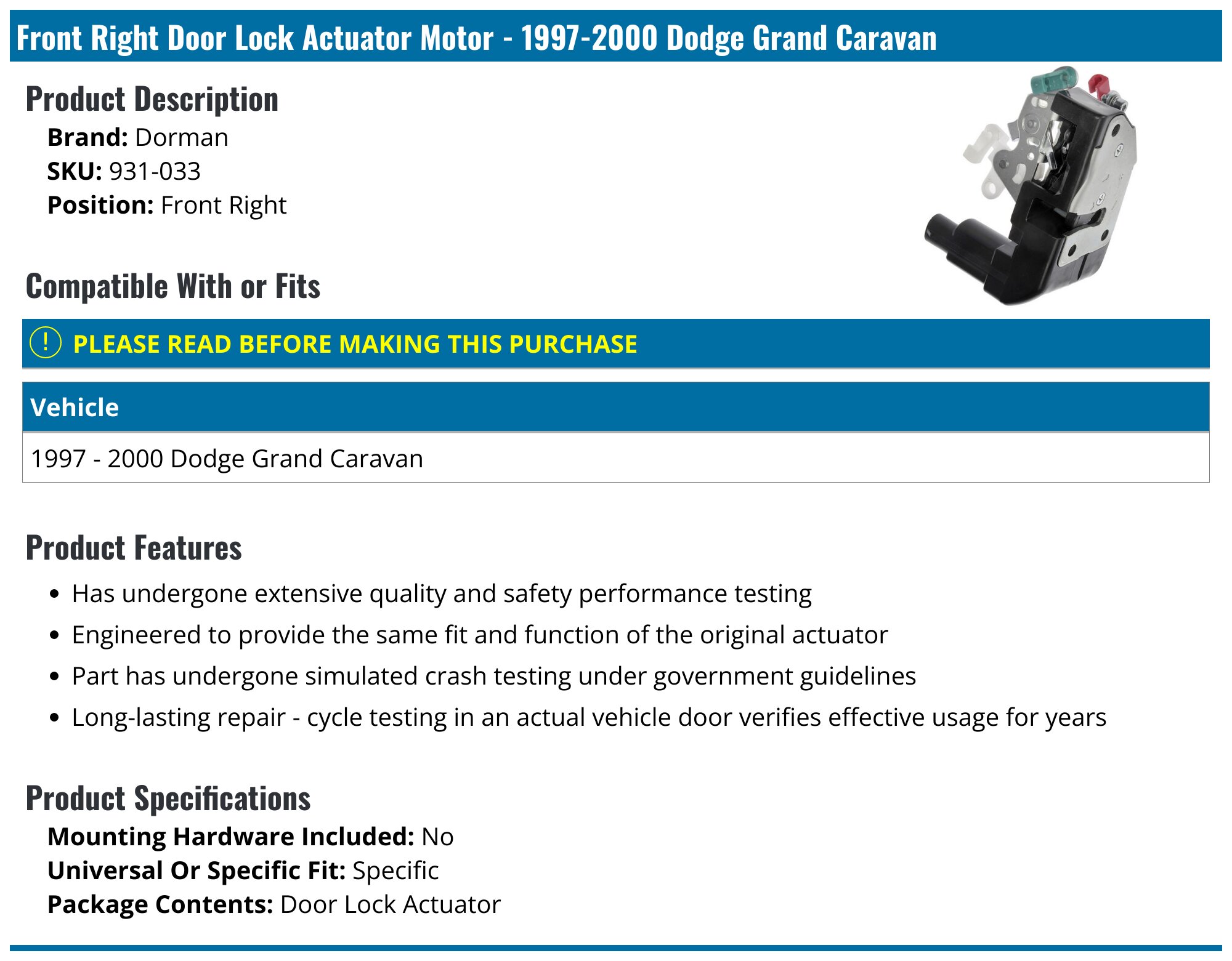 Front Left Door Lock Actuator Motor For Chrysler Town & Country / Dodge Caravan (1997-2000) – Replaces 4717473AB
