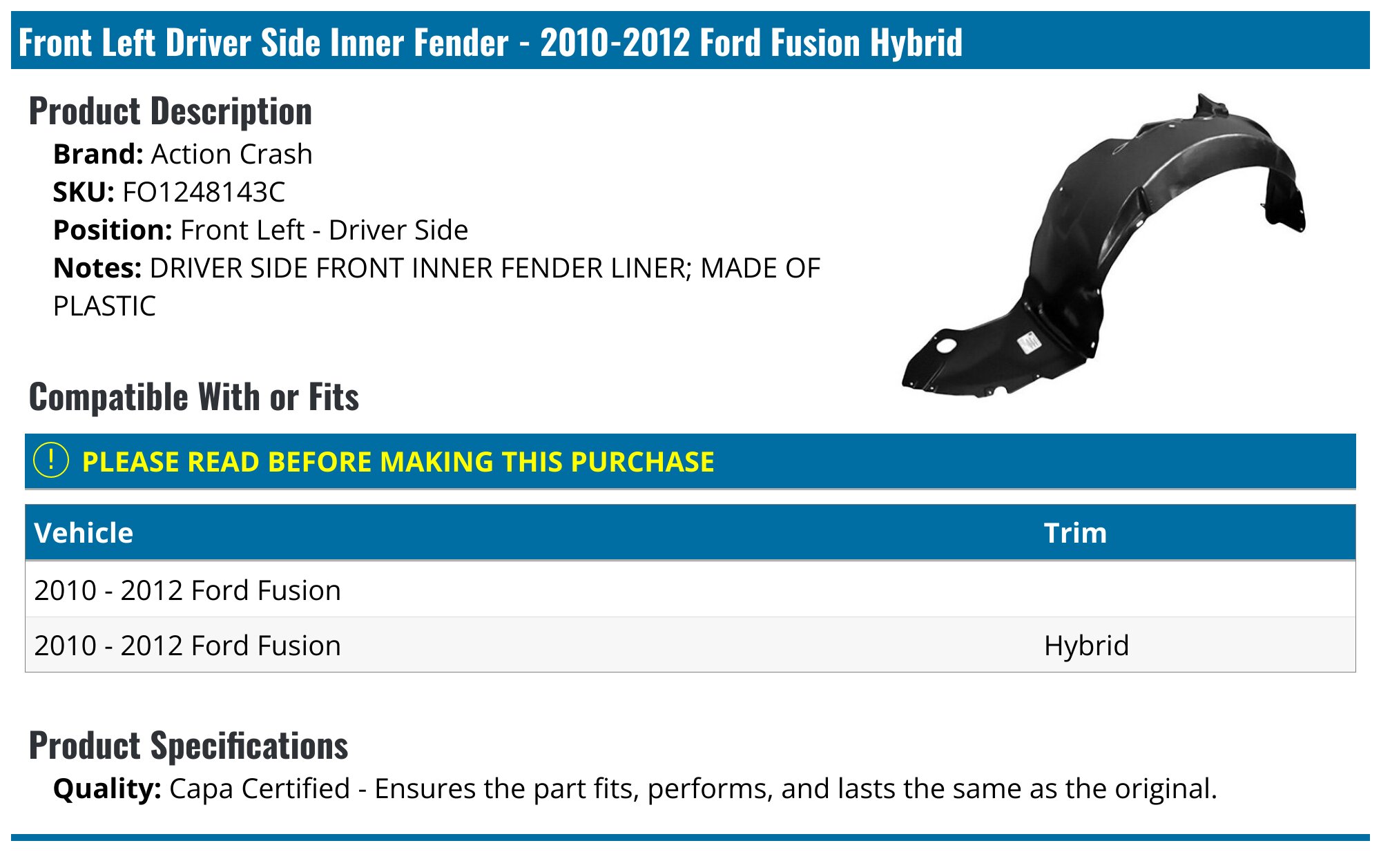 Front Driver Side Splash Shield Fender Liner Inner Panel Fits 10-12 Ford Fusion