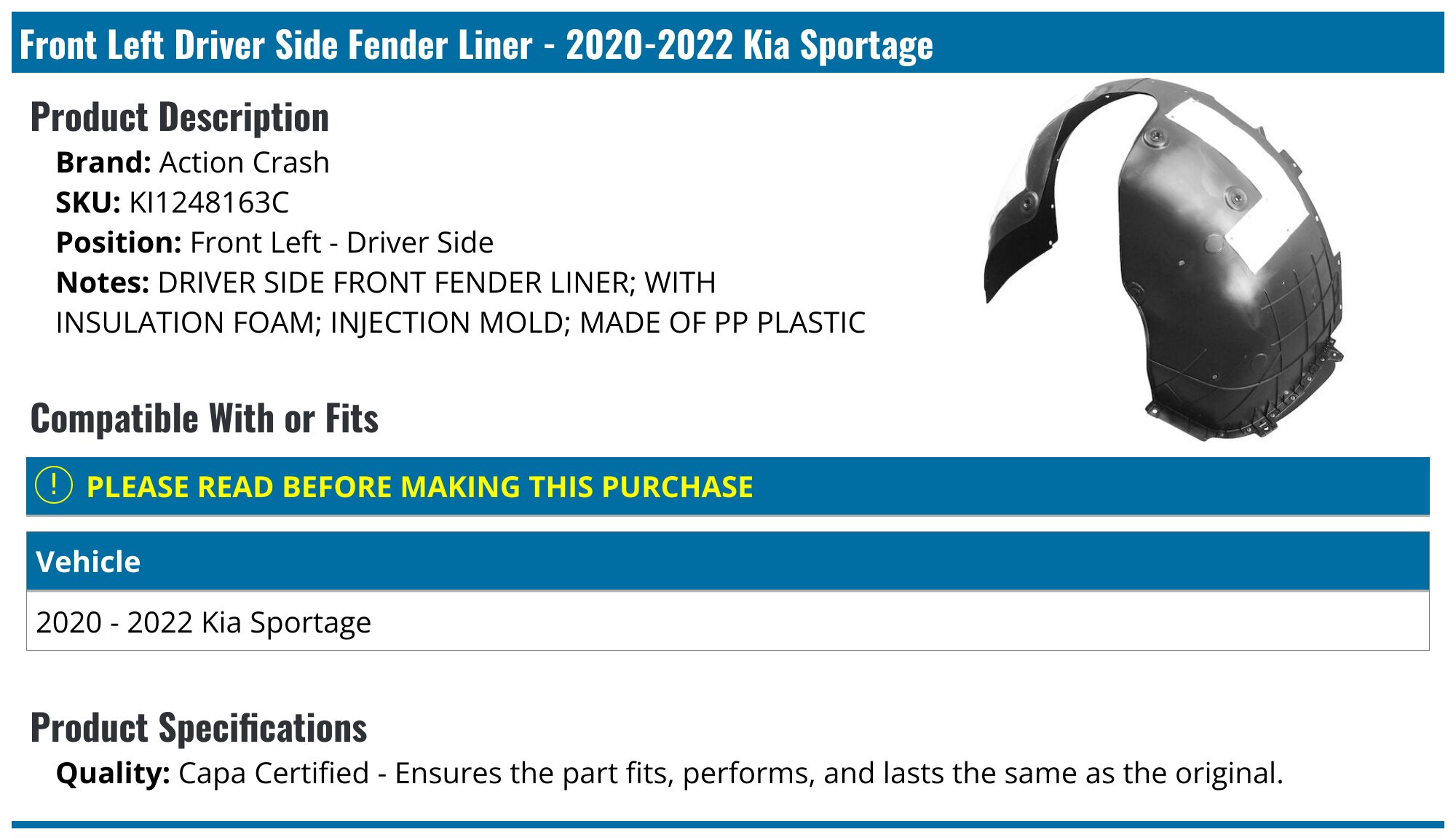 Front Right Passenger Side Fender Liner For Kia Sportage 2020-2022 – KI1249163, Black