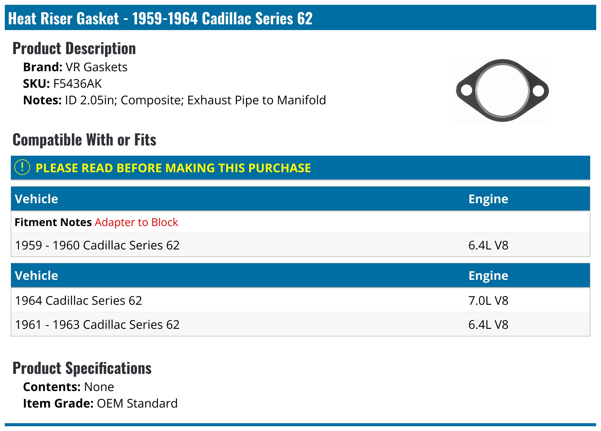 1959-1964 Cadillac Series 62 Heat Riser Gasket - VR Gaskets F5436AK ...