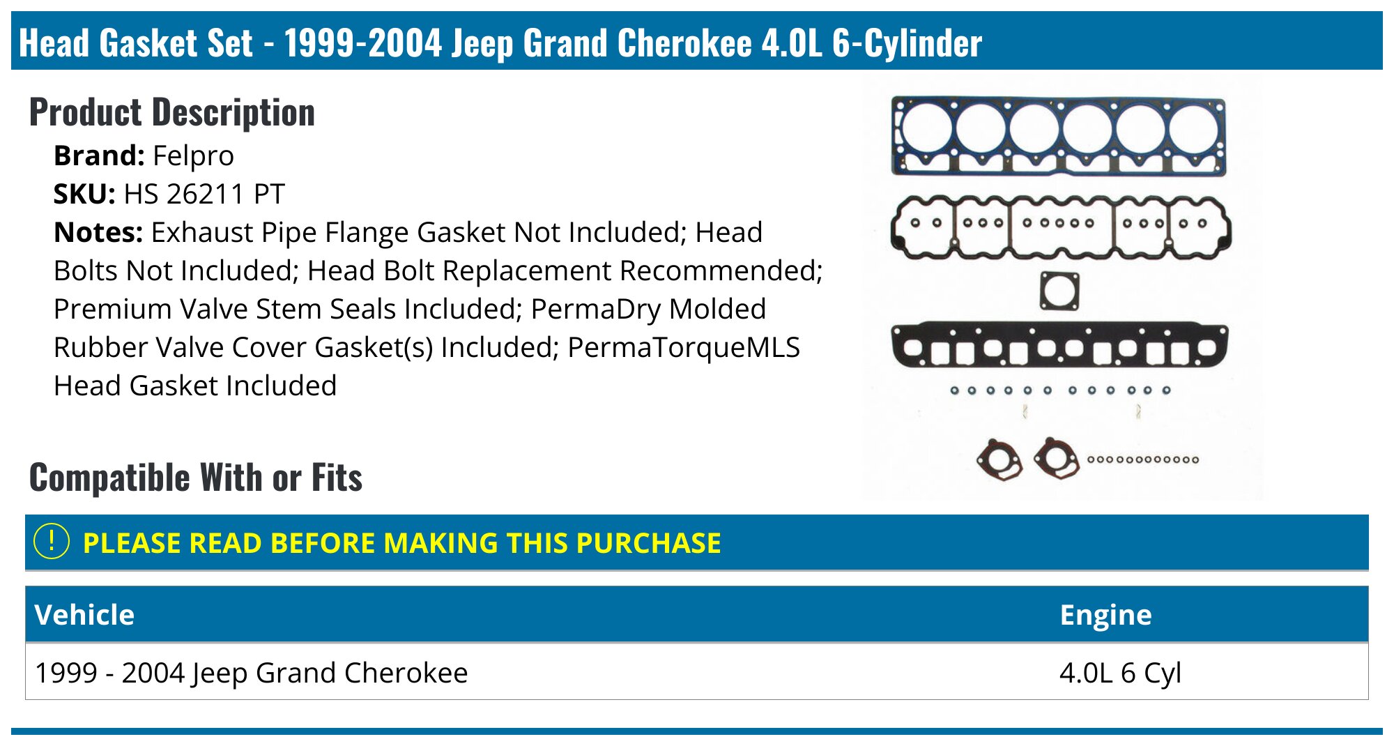 19992004 Jeep Grand Cherokee Head Gasket Felpro HS 26211 PT