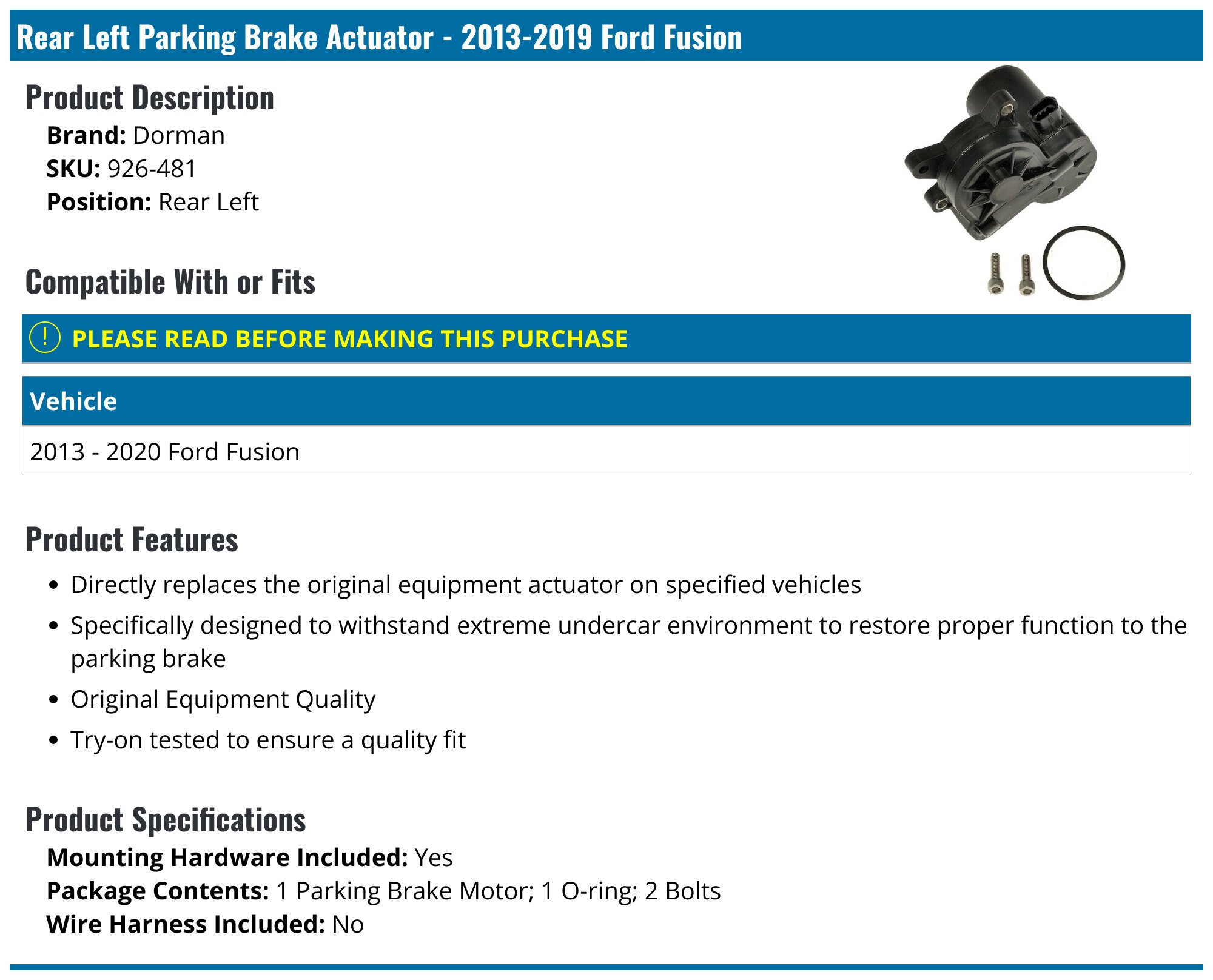 20132019 Ford Fusion Parking Brake Actuator Dorman 926481 Rear
