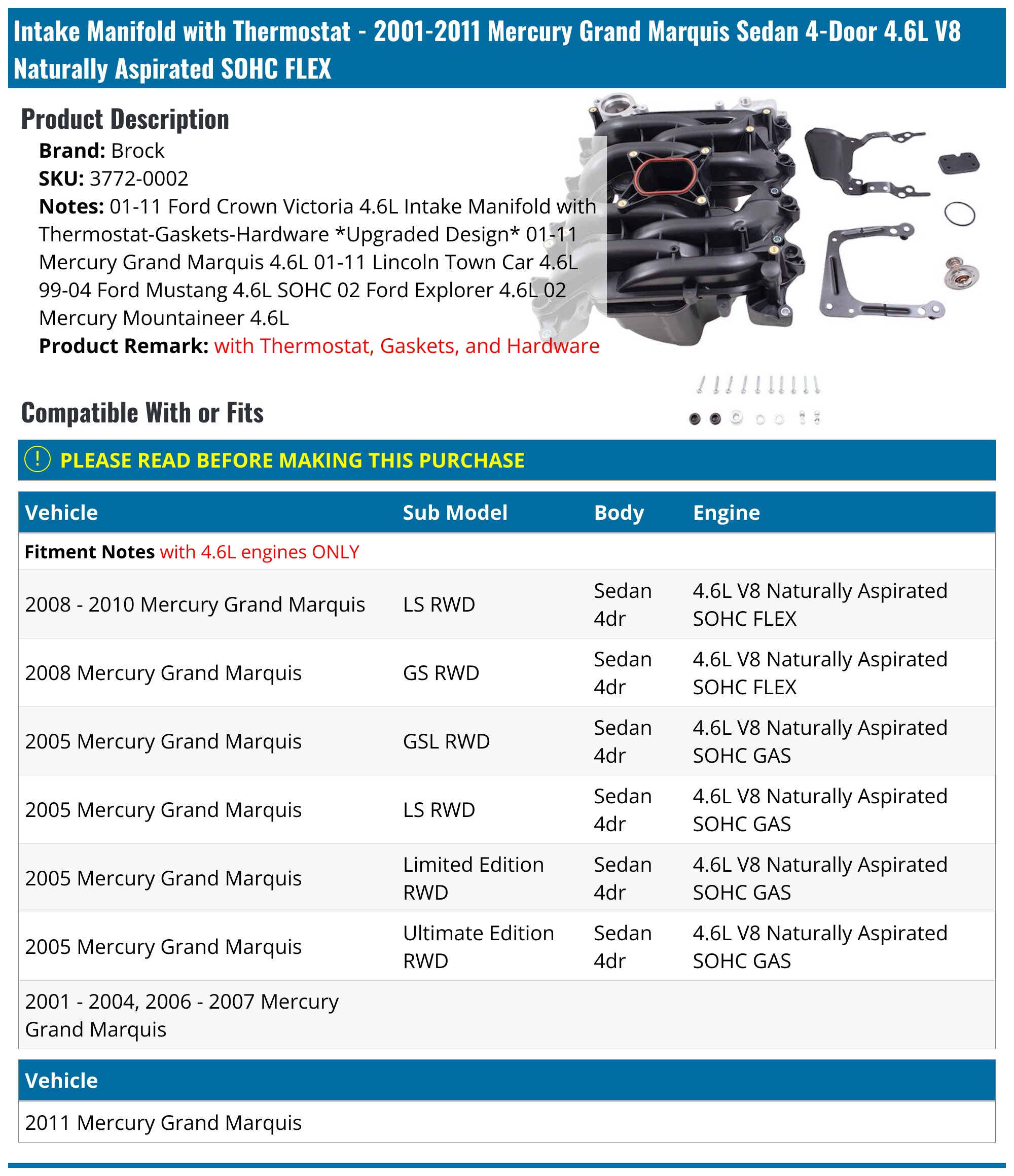 20012011 Mercury Grand Marquis Intake Manifold Brock 37720002
