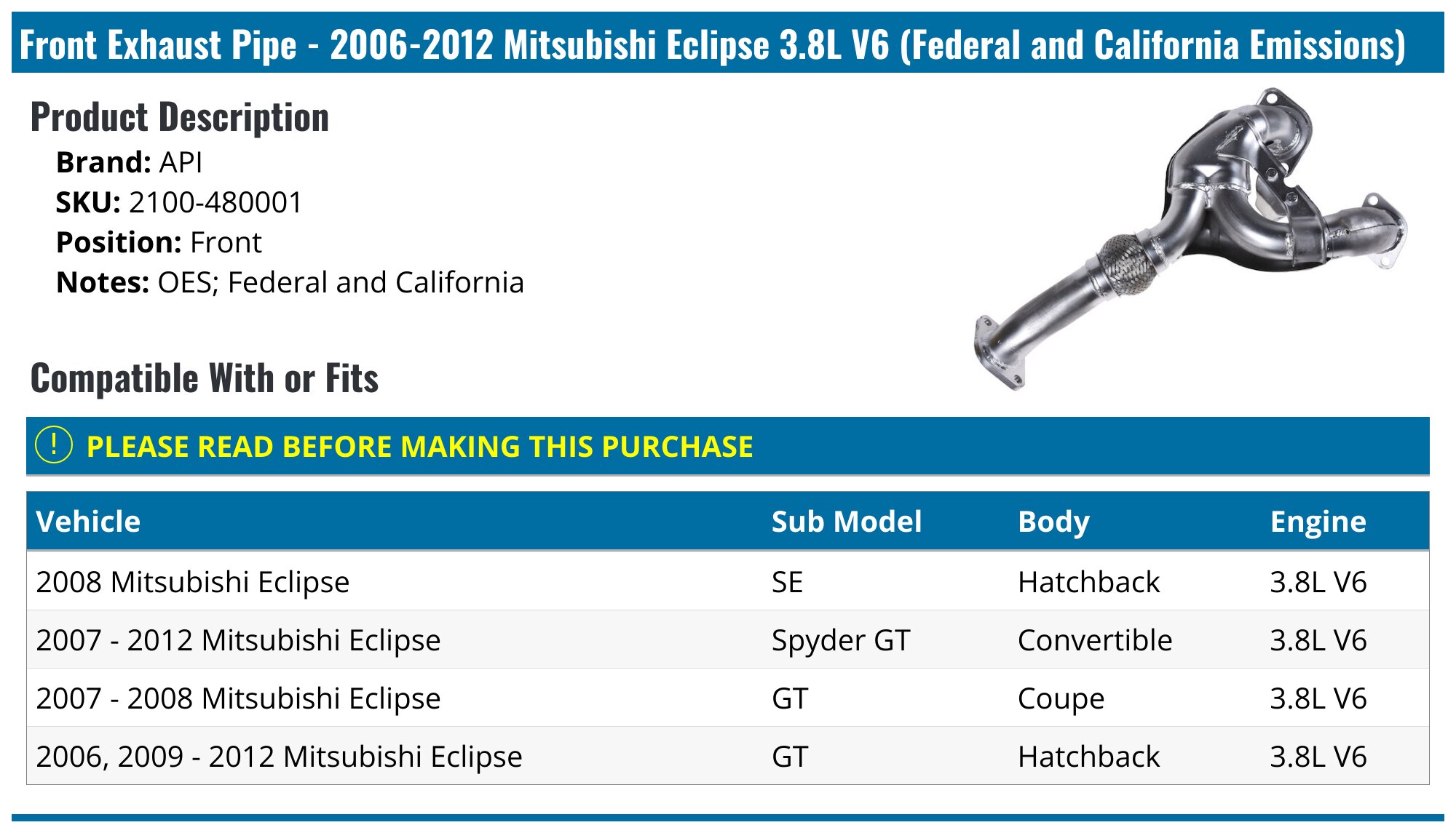 20062012 Mitsubishi Eclipse Exhaust Pipe API 1861507437019 Front