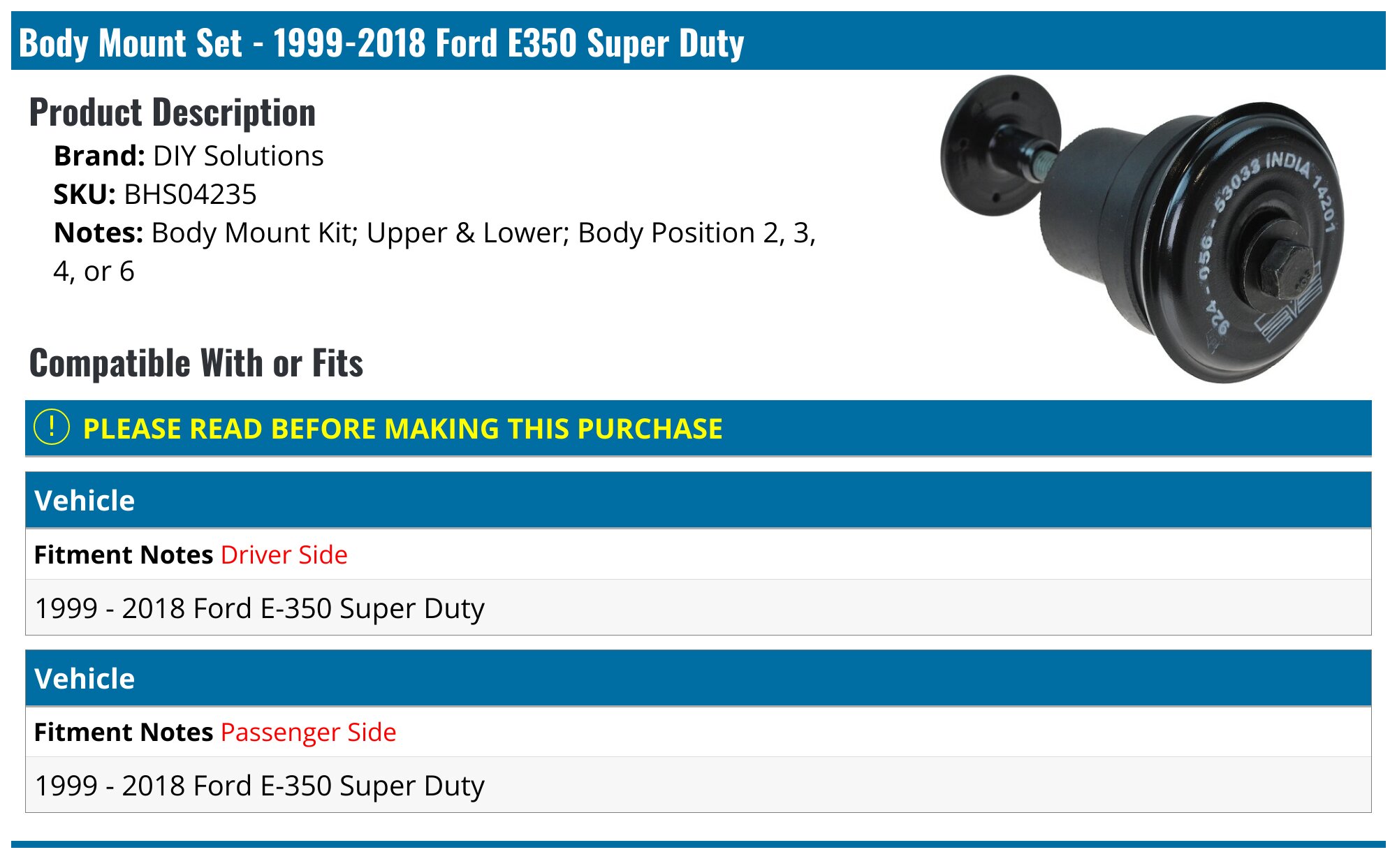 Upper Lower Body Mount Kit Rubber 924-056 For 1999-2017 Ford E-350