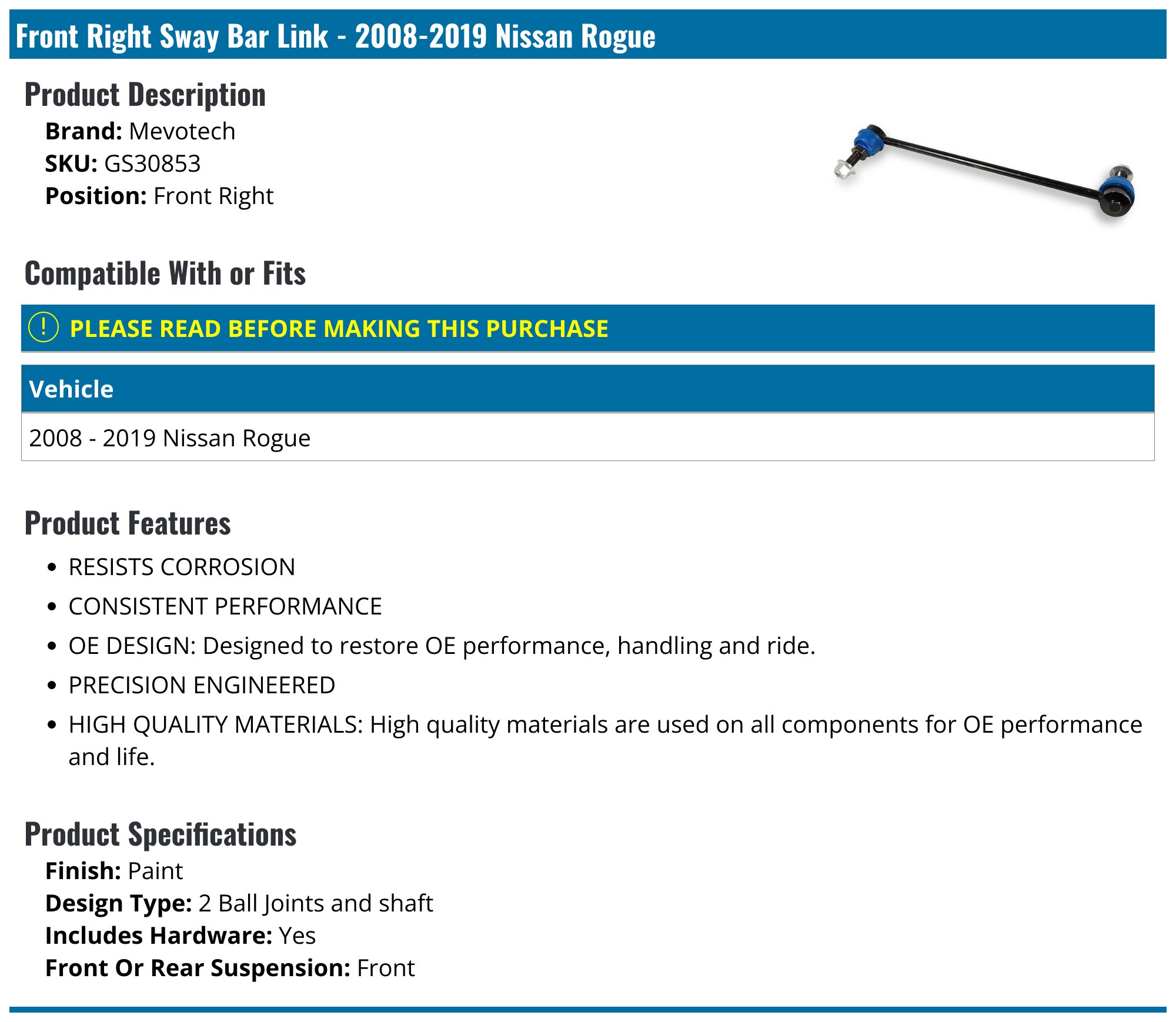 Nissan Rogue Sway Bar Link - Sway Bar Links - Moog Mevotech API
