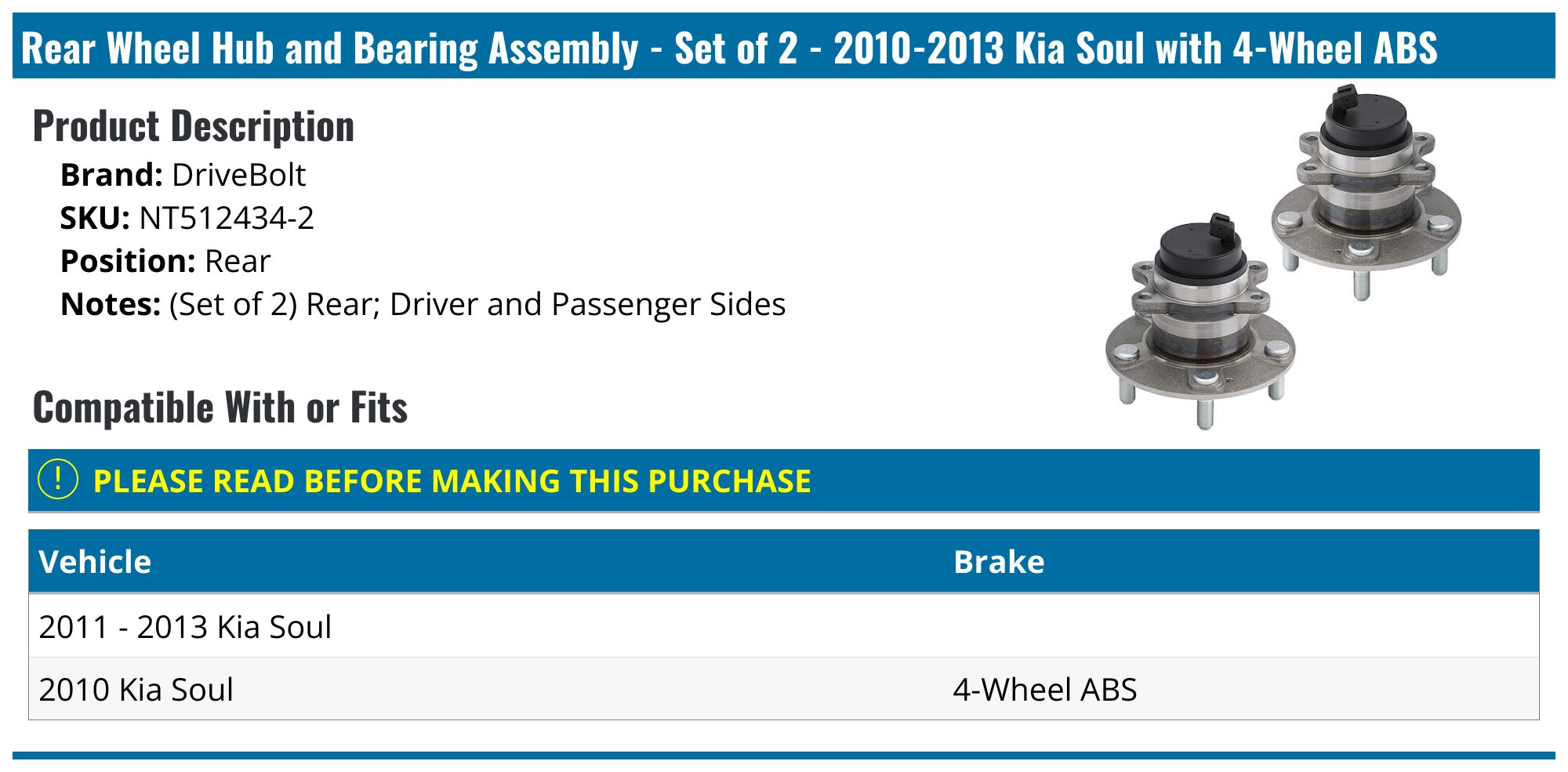 Rear Wheel Bearing Hub Assemblies For 2010-2013 Kia Soul - 4-Wheel ABS - 2-Pack By Detroit Axle