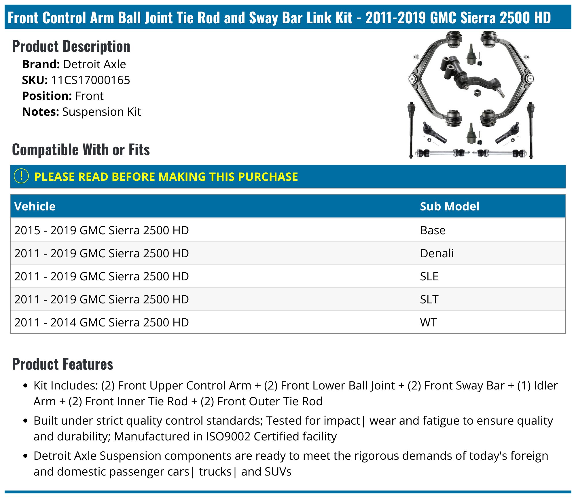 2011-2019 GMC Sierra 2500 HD Control Arm - Detroit Axle 11CS17000165 ...
