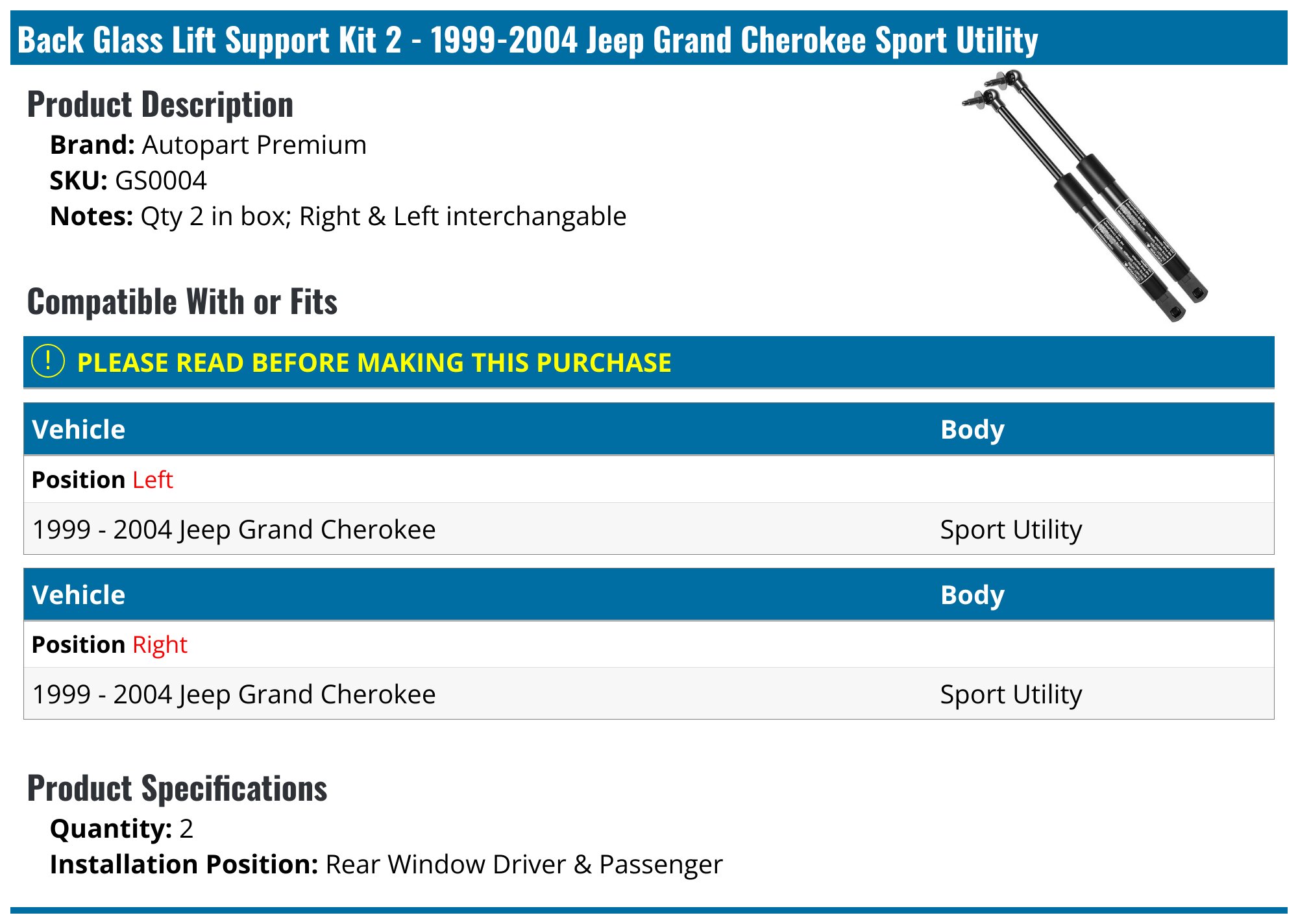Rear Window Lift Supports For 1999-2004 Jeep Grand Cherokee – Set Of 2 Direct Fit Struts