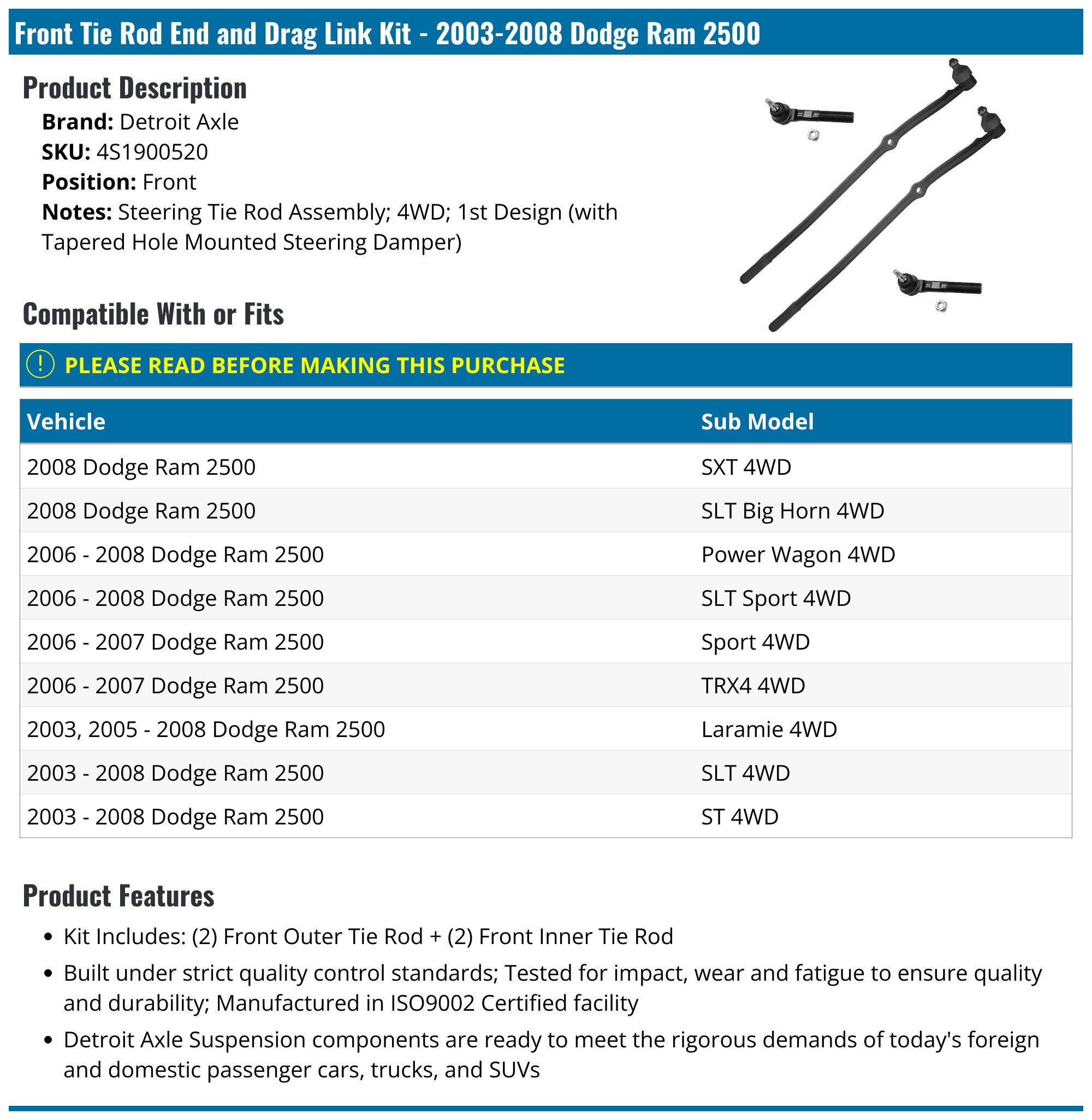 2003-2008 Dodge Ram 2500 Tie Rod End - Detroit Axle 4S1900520 - Front ...