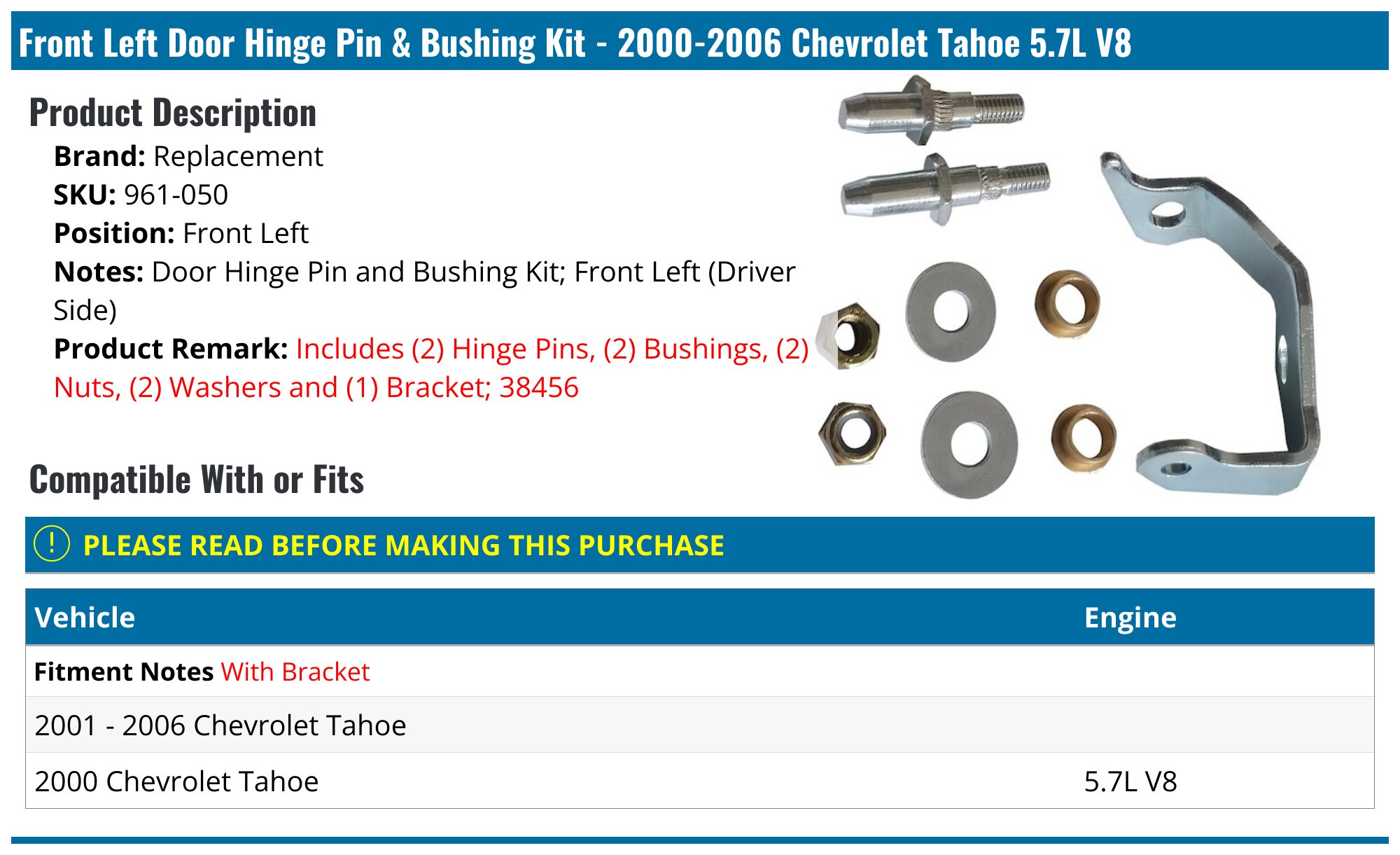 Front Left Door Hinge Pin & Bushing Kit - Compatible with 2000 - 2006 Chevy Tahoe 5.7L V8 2001 2002 2003 2004 2005